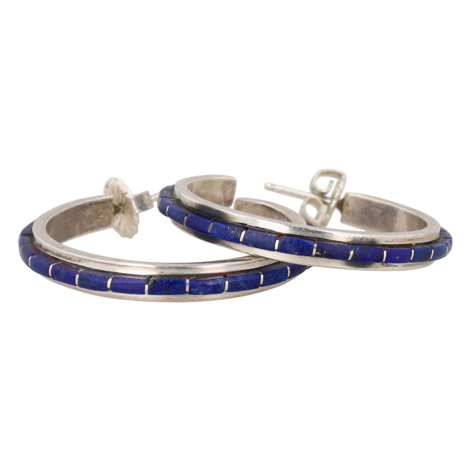 Sam Kee Navajo Lapis Lazuli Inlay Hoop Earrings: Sam Kee Navajo Sterling Lapis Lazuli Inlay Hoop Earrings - 8g