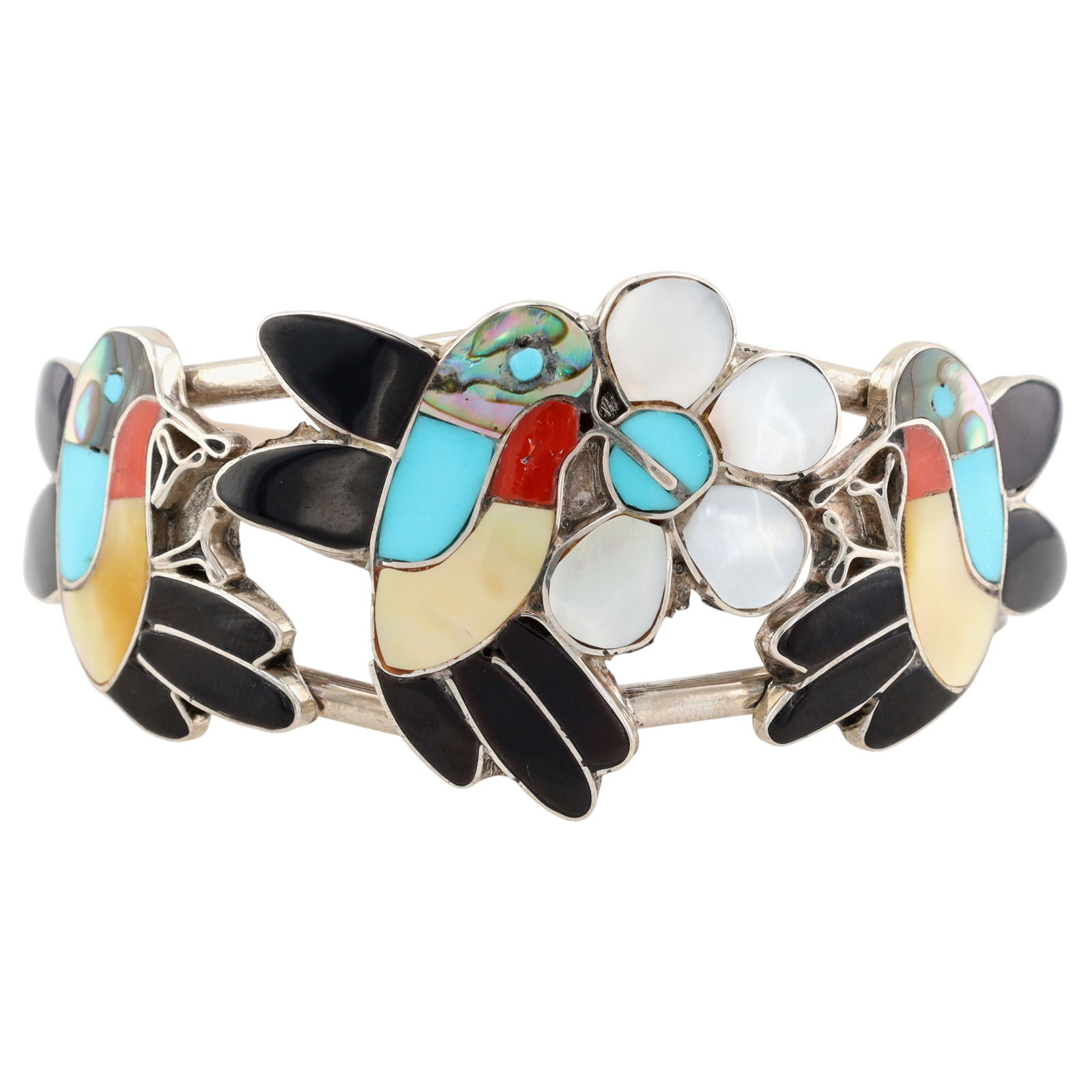 Ella Gia Zuni Hummingbird Multistone Inlay Cuff Bracelet: Vintage Ella Gia Zuni Sterling and Multistone (turquoise, coral, abalone, mother of pearl, jet/onyx) Inlay Hummingbird Cuff Bracelet - 24.8g