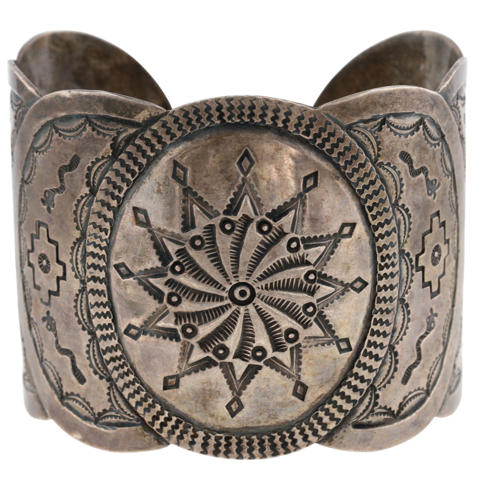 Vintage Navajo Stamped Concho Cuff Bracelet: Vintage Early Navajo/ Fred Harvey Era? Sterling Stamped Concho Cuff Bracelet - 48.2g - cuff appears to be made of multiple conchos that were shaped into a cuff bracelet - amazing detailed stamping.