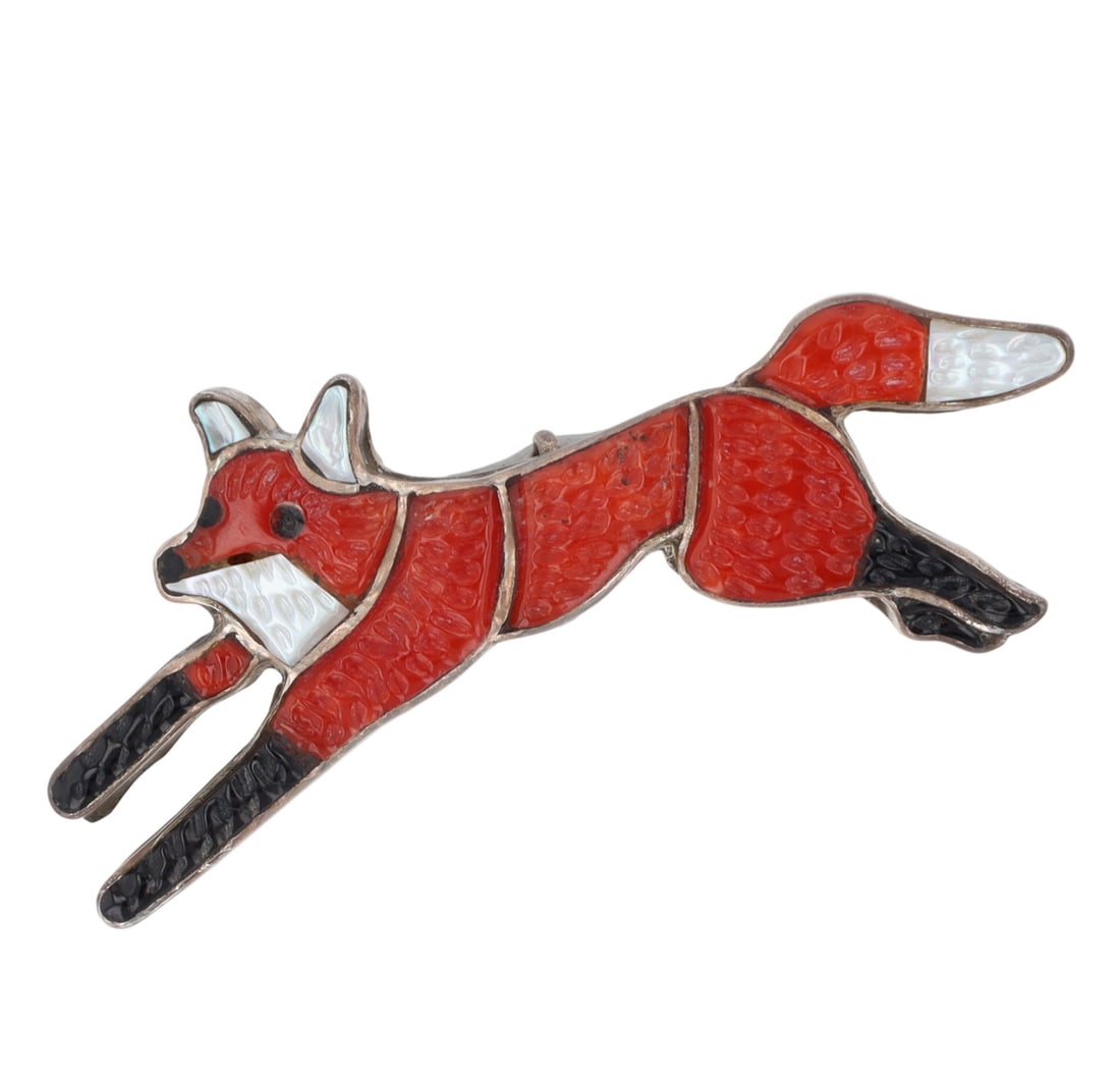 Andrea Lonjose Shirley Zuni Carved Fox Inlay Pendant Brooch: Rare! Vintage Andrea Lonjose Shirley (aka Andrea Pinto) Zuni Sterling Carved Multistone Inlay Fox Pendant Brooch - 3.5g - amazing piece