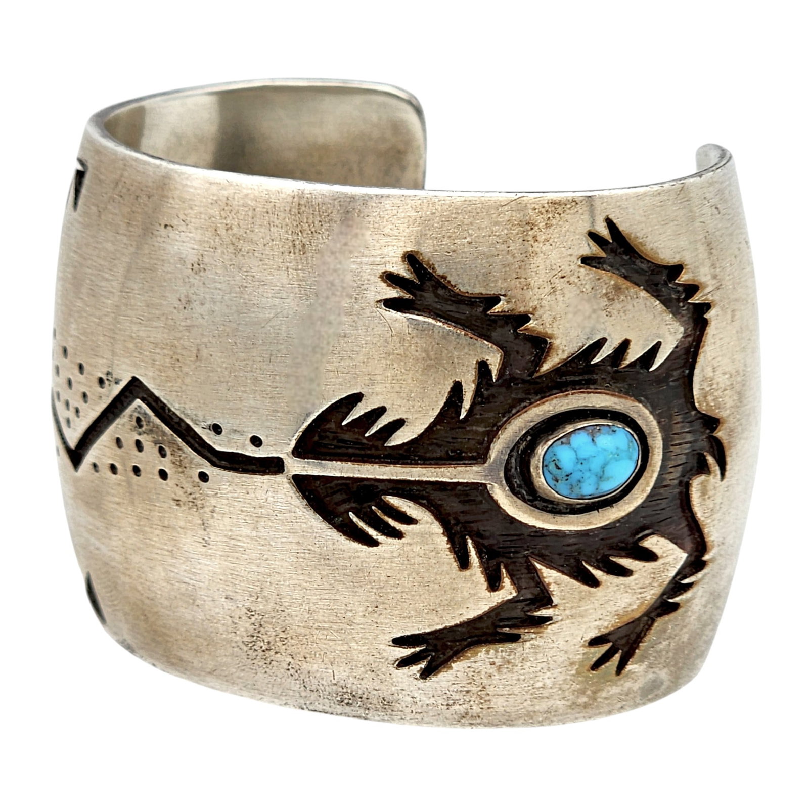 Manuel & Karen Hoyungowa Hopi Turquoise Horned Toad Cuff Bracelet: Amazing piece! Master Silversmiths Manuel (1953-2011) & Karen Hoyungowa Hopi Sterling Turquoise Overlay Horned Toad/Lizard Cuff Bracelet - 103.1g