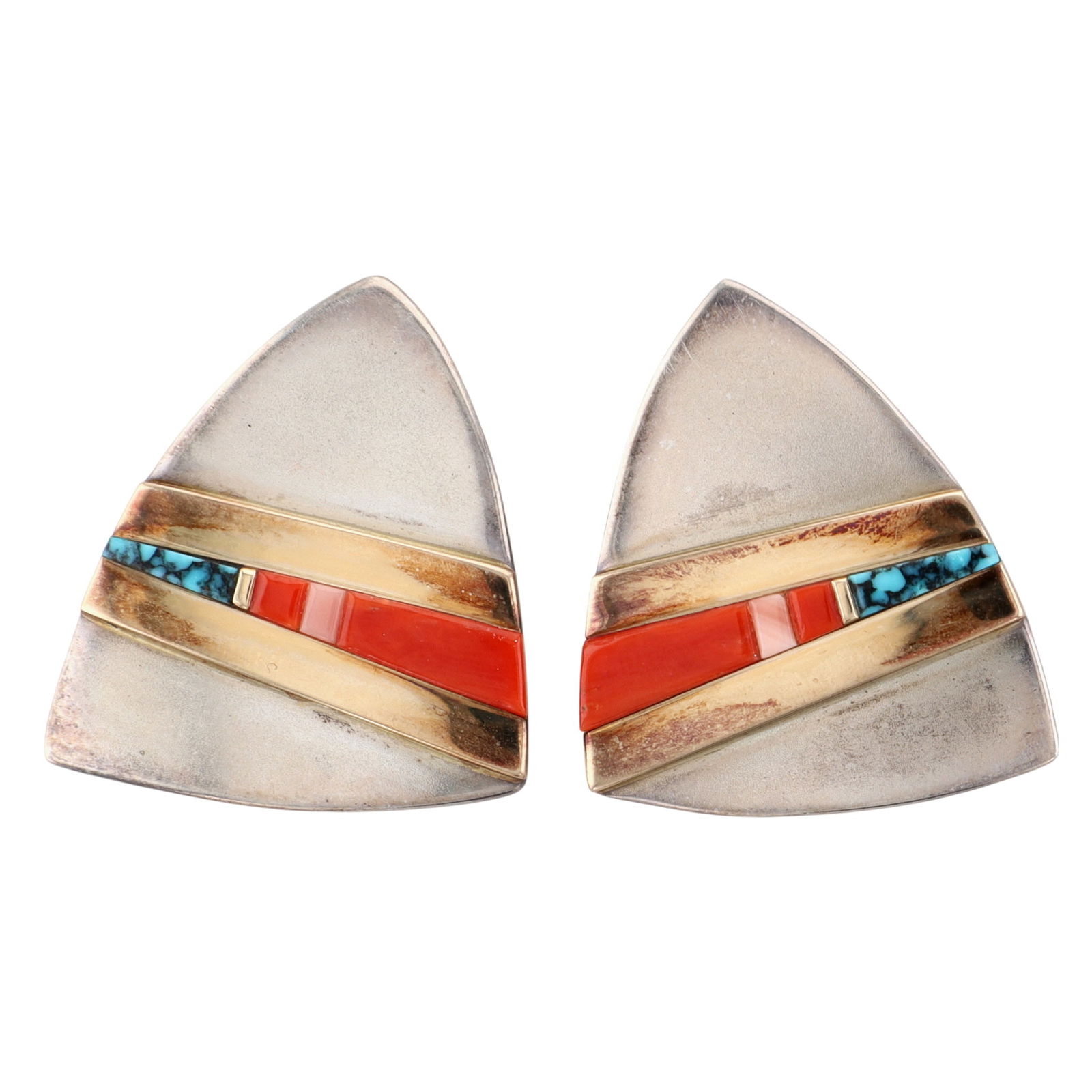 Rare Sonwai Verma Nequatewa Hopi Turquoise and Coral Inlay Earrings: Rare Verma Nequatewa (aka Sonwai) Hopi Sterling & 14k Gold Turquoise and Coral Inlay Earrings / 17.3g / As both the niece and apprentice of Charles Loloma, Verma Nequatewa was influenced by one of the