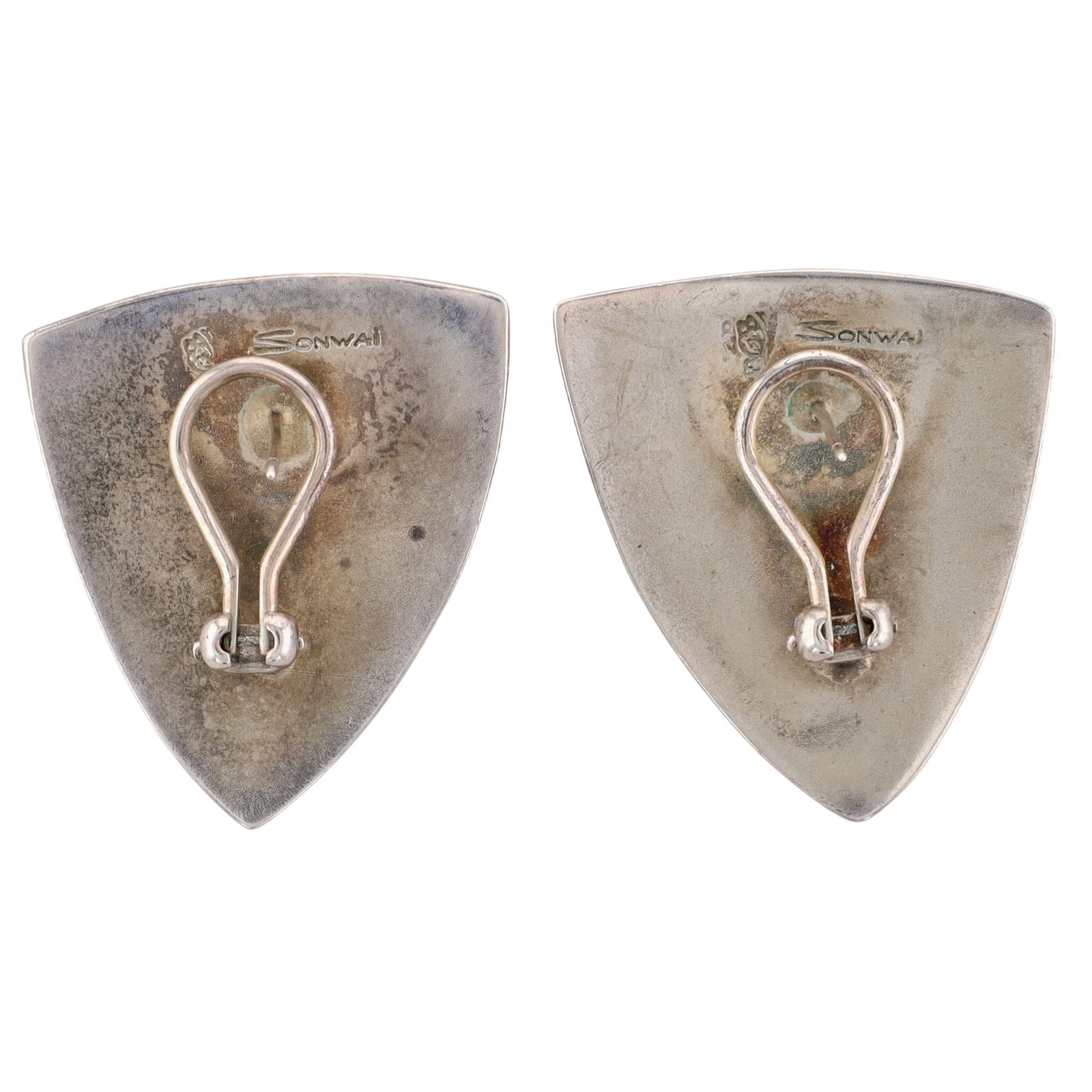 Rare Sonwai Verma Nequatewa Hopi Turquoise and Coral Inlay Earrings - 2