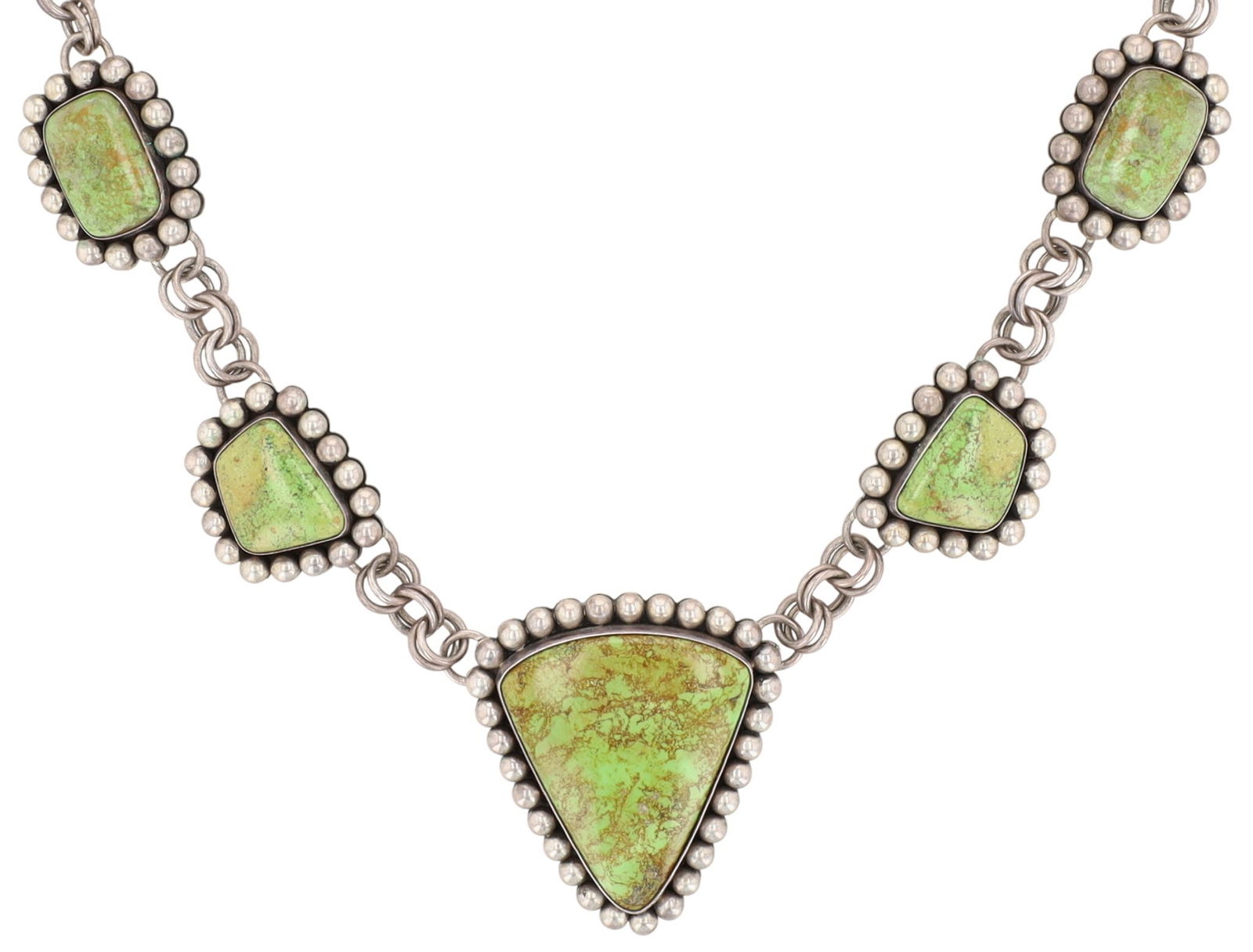 Richard 'Little' Yellowhorse Navajo Gaspeite Necklace: CRJ/Richard 'Little' Yellowhorse Navajo Sterling Gaspeite Rising Sun Necklace. The Yellowhorse family trademarked "Rising Sun" design is one of their most popular collections, featuring small hand-mad