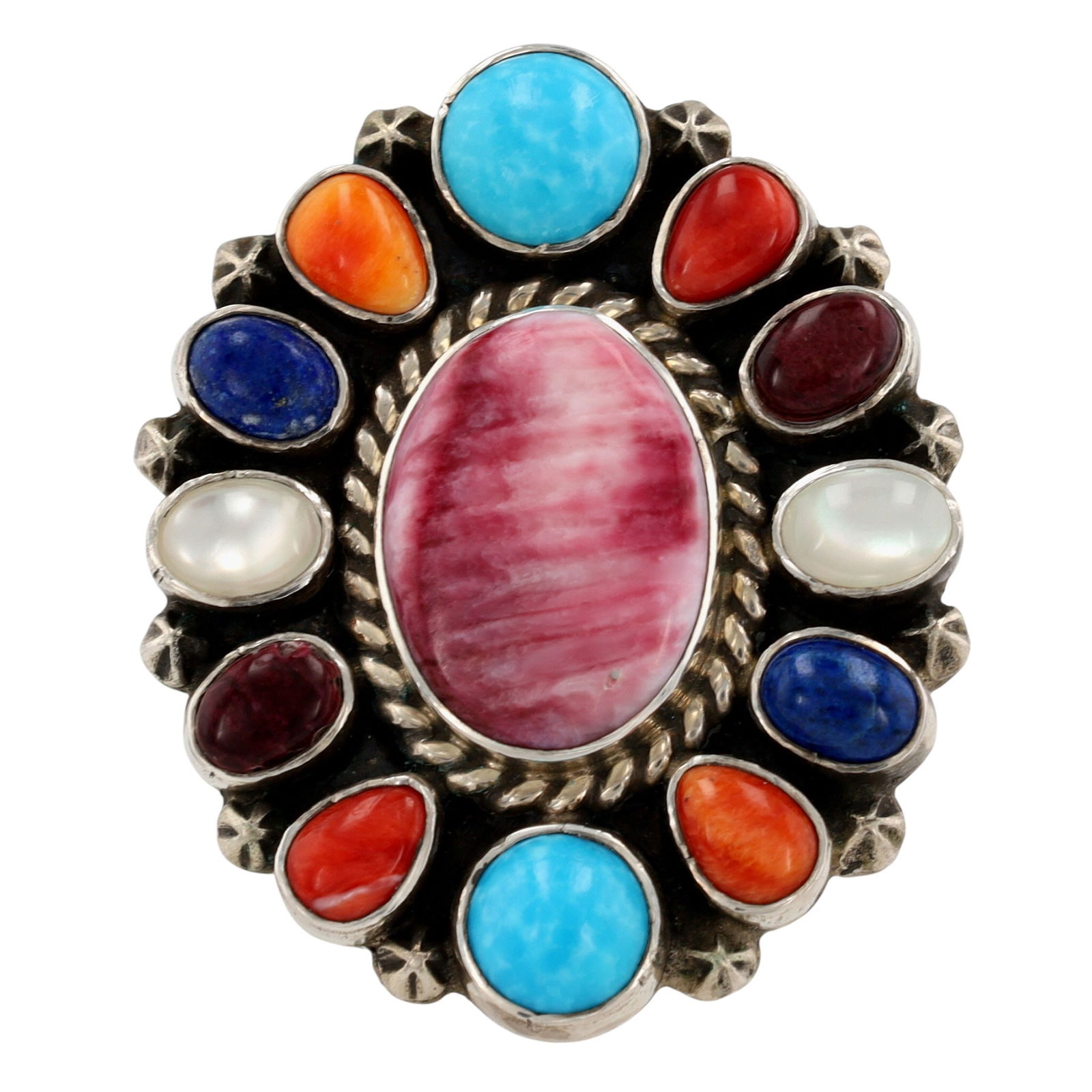 Aaron Tallis Navajo Multistone Cluster Adjustable Ring: Stunning - Contemporary Aaron Tallis Navajo Sterling Multistone (Turquoise, Orange & Purple Spiny Oyster, Lapis Lazuli, Coral, Mother of Pearl) Cluster Adjustable Ring - 20.7g - ring face measures app