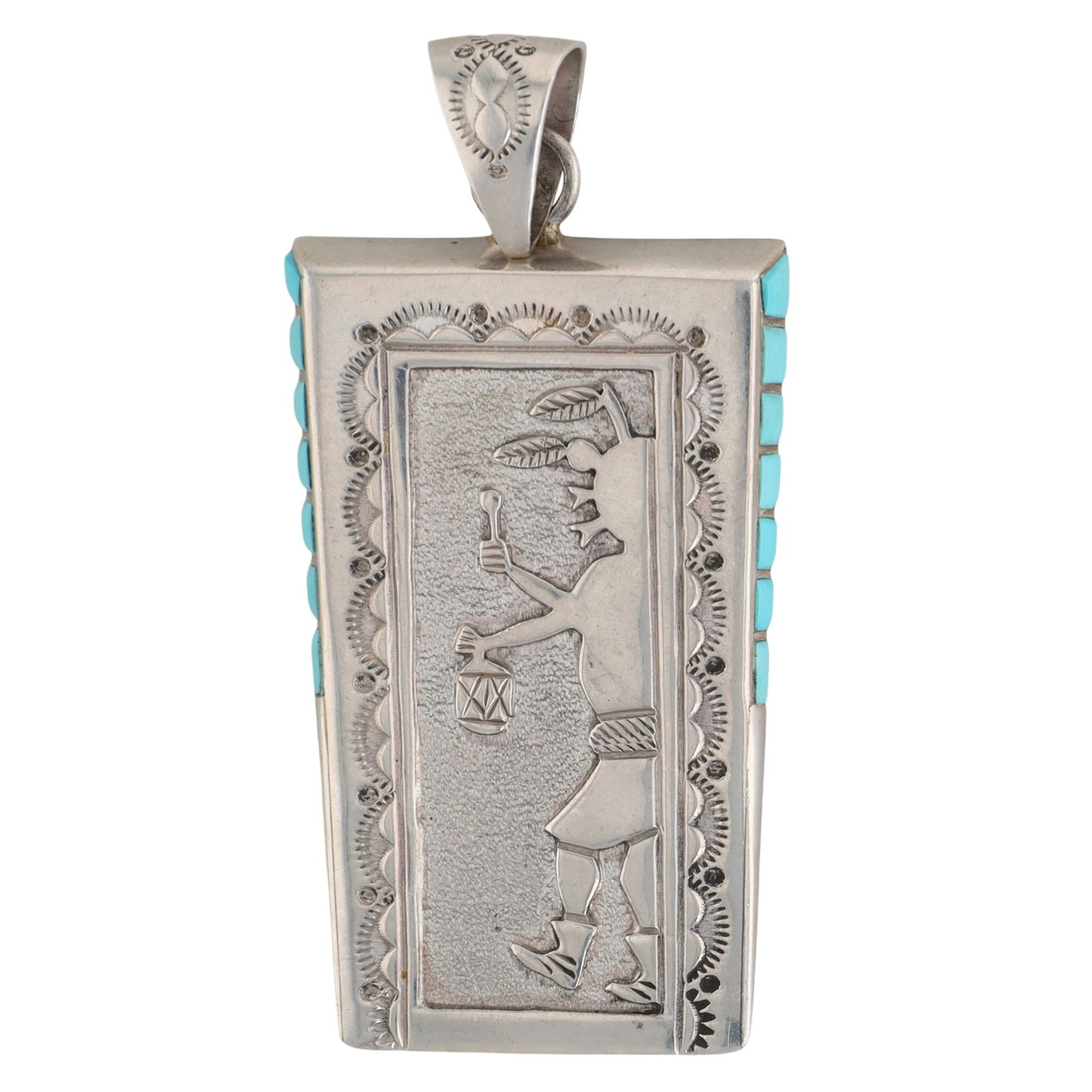 Big! Leonard Jim Navajo Turquoise Mudhead Pendant: Leonard Jim Navajo Sterling and Turquoise Mudhead Stamped Pendant - 27.6g - approx 3.15" tall x 1.4" wide!