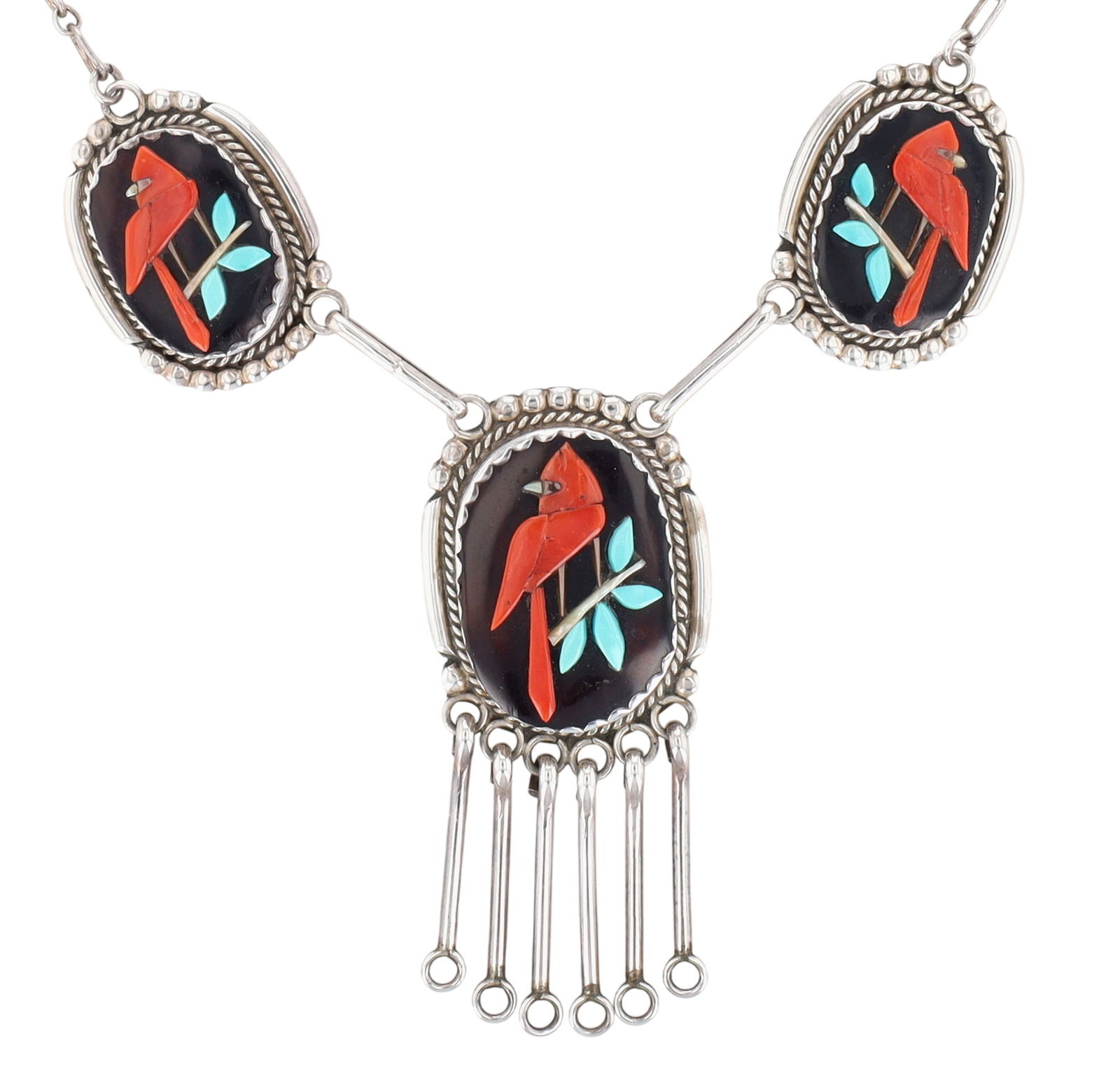 Kenny Calavaza Zuni Cardinal Inlay Necklace: Gorgeous Rare Kenny Calavaza Zuni Sterling Multistone (coral, turquoise, onyx/jet, shell) Raised Inlay Cardinal Necklace - 27.3g - approx. 18" from end to end