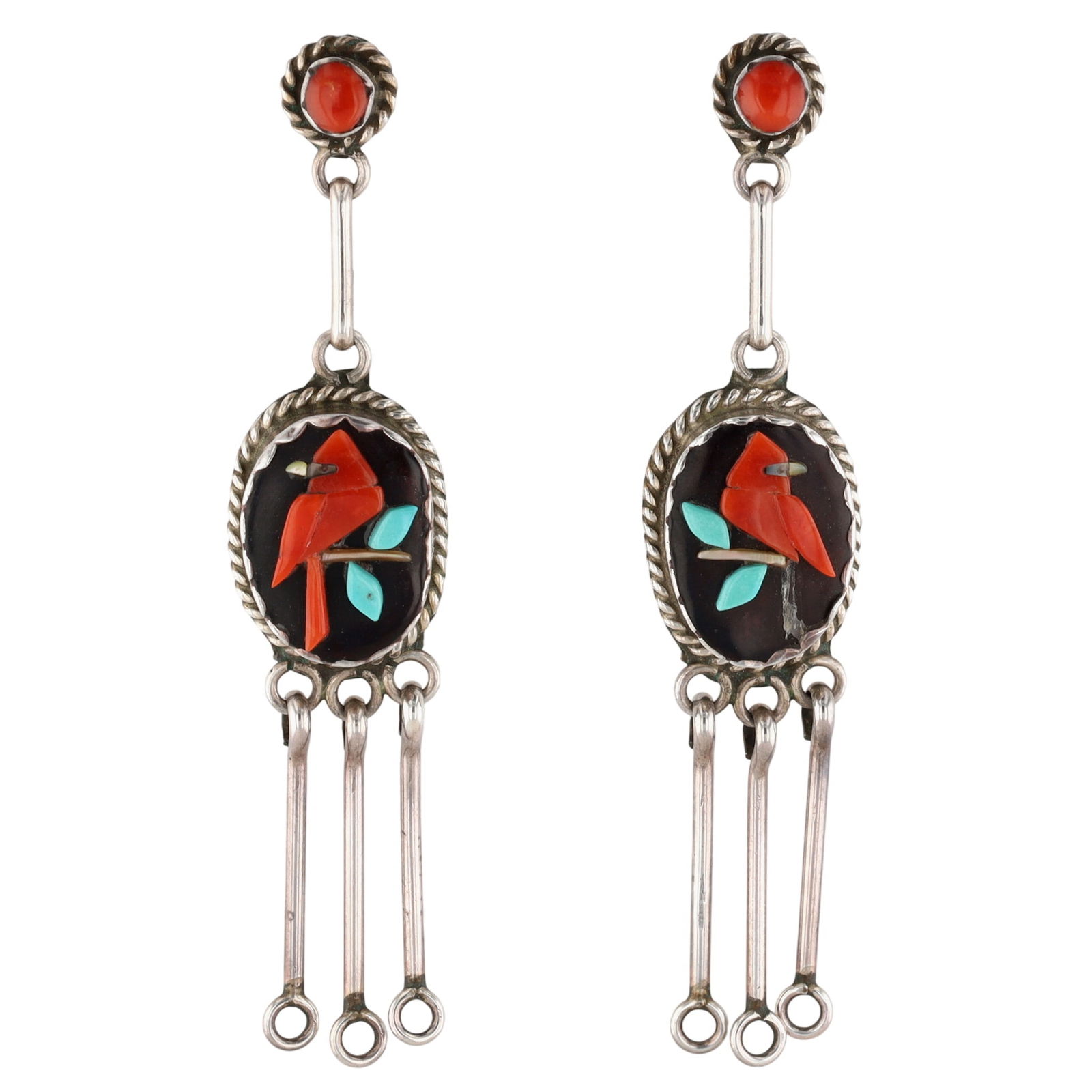 Kenny Calavaza Zuni Cardinal Inlay Earrings: Gorgeous Rare Kenny Calavaza Zuni Sterling Multistone (coral, turquoise, onyx/jet, shell) Raised Inlay Cardinal Dangle Earrings - 8.5g