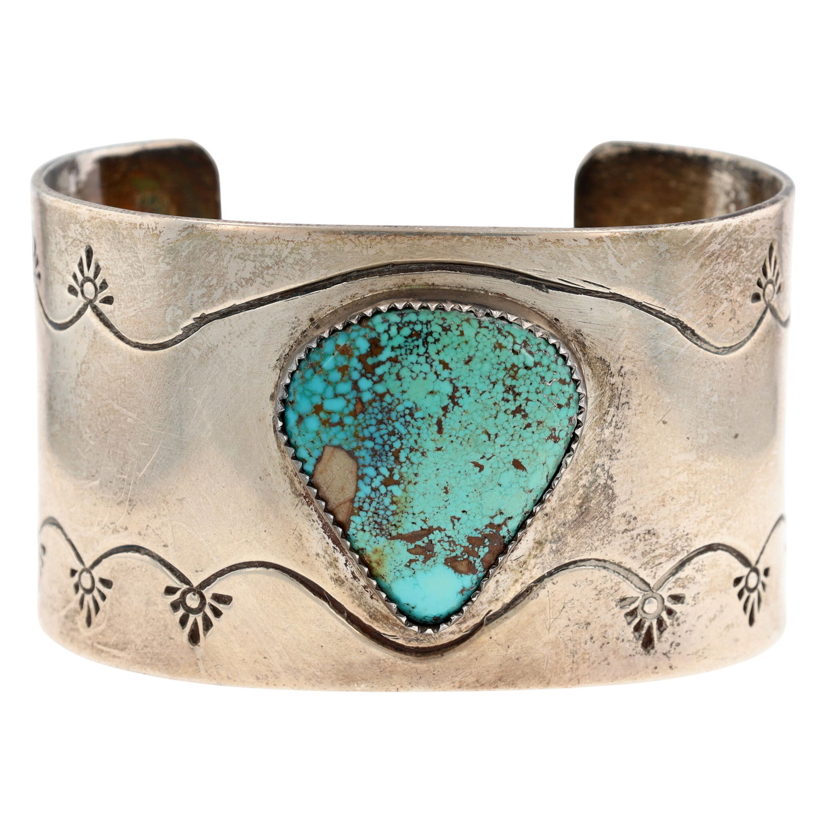 Edward Platero Navajo/Laguna Turquoise Stamped Wide Cuff Bracelet: Vintage Edward Platero Navajo/Laguna Sterling Turquoise (Possibly Royston Boulder) Hand Stamped Wide Cuff Bracelet - 79g