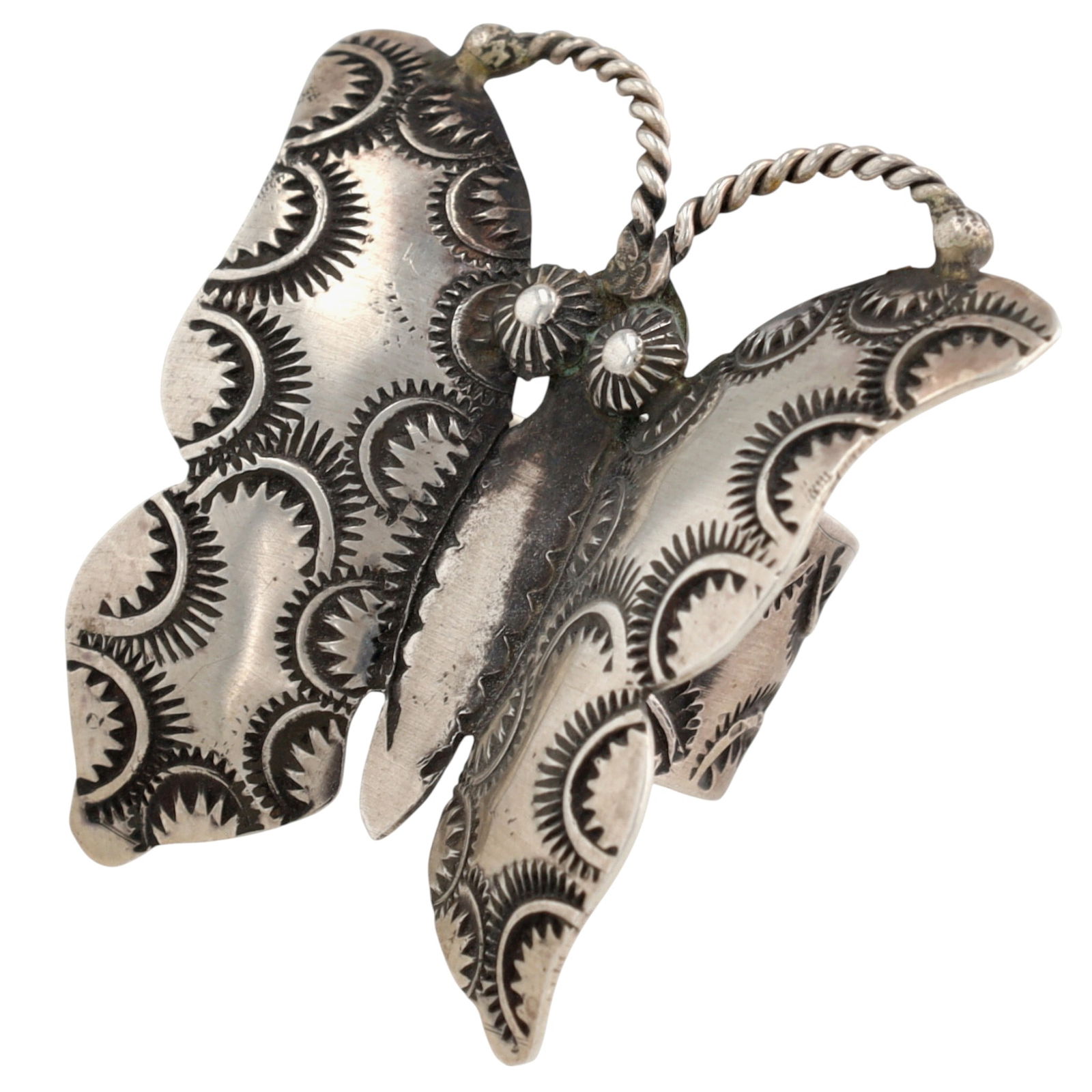 Vincent J Platero Navajo Butterfly Stamped Adjustable Ring: Vincent J Platero Navajo Sterling Hand Stamped Butterfly Adjustable Ring - 11.7g