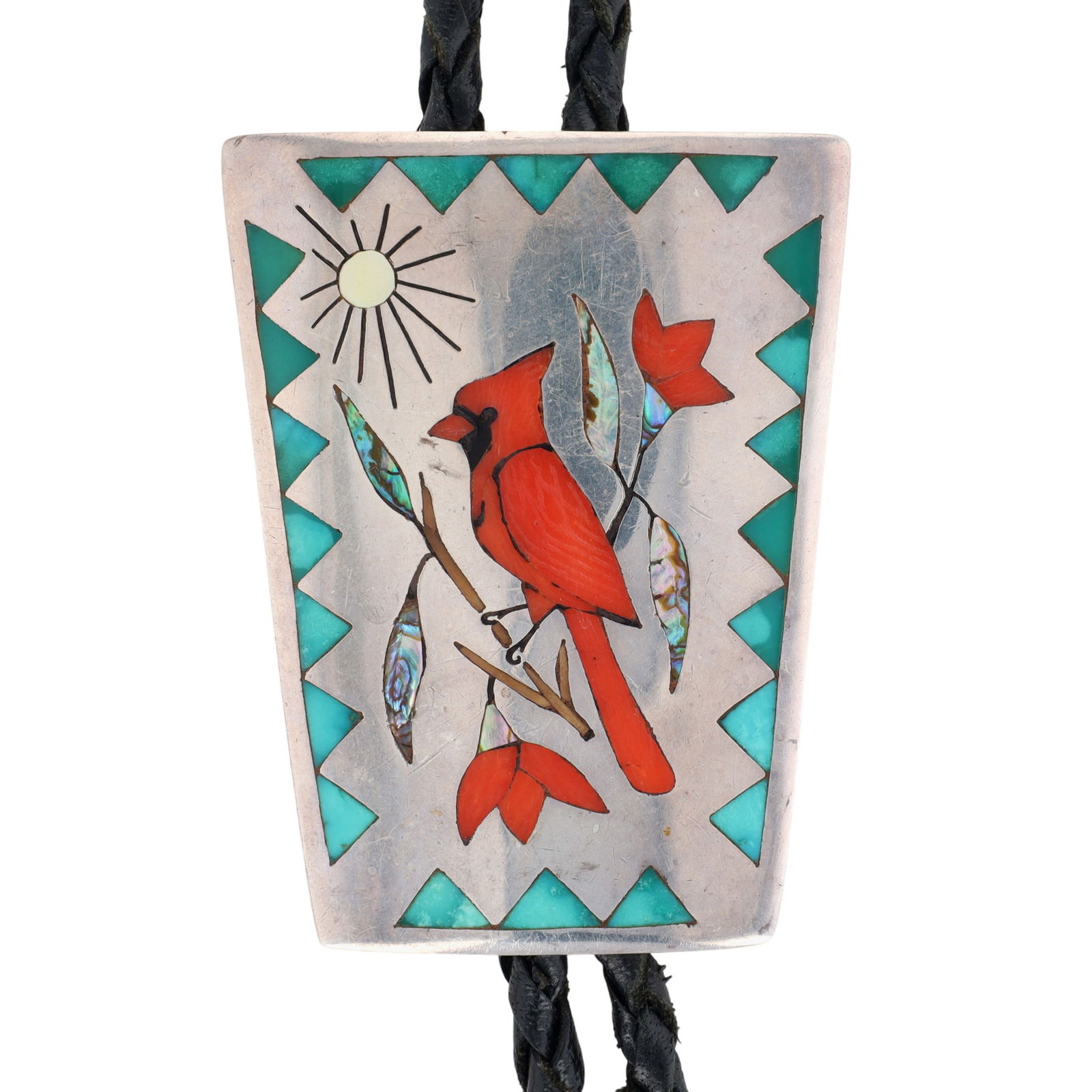 Nancy Haloo Laconsello Zuni Cardinal Inlay Bolo Tie: Vintage Nancy Haloo (aka Nancy Laconsello, married to Rudell Laconsello in 1976) Zuni Sterling Multistone (coral, turquoise, abalone, mother of pearl, jet) Cardinal Inlay Bolo Tie - 62.9g - Exquisite