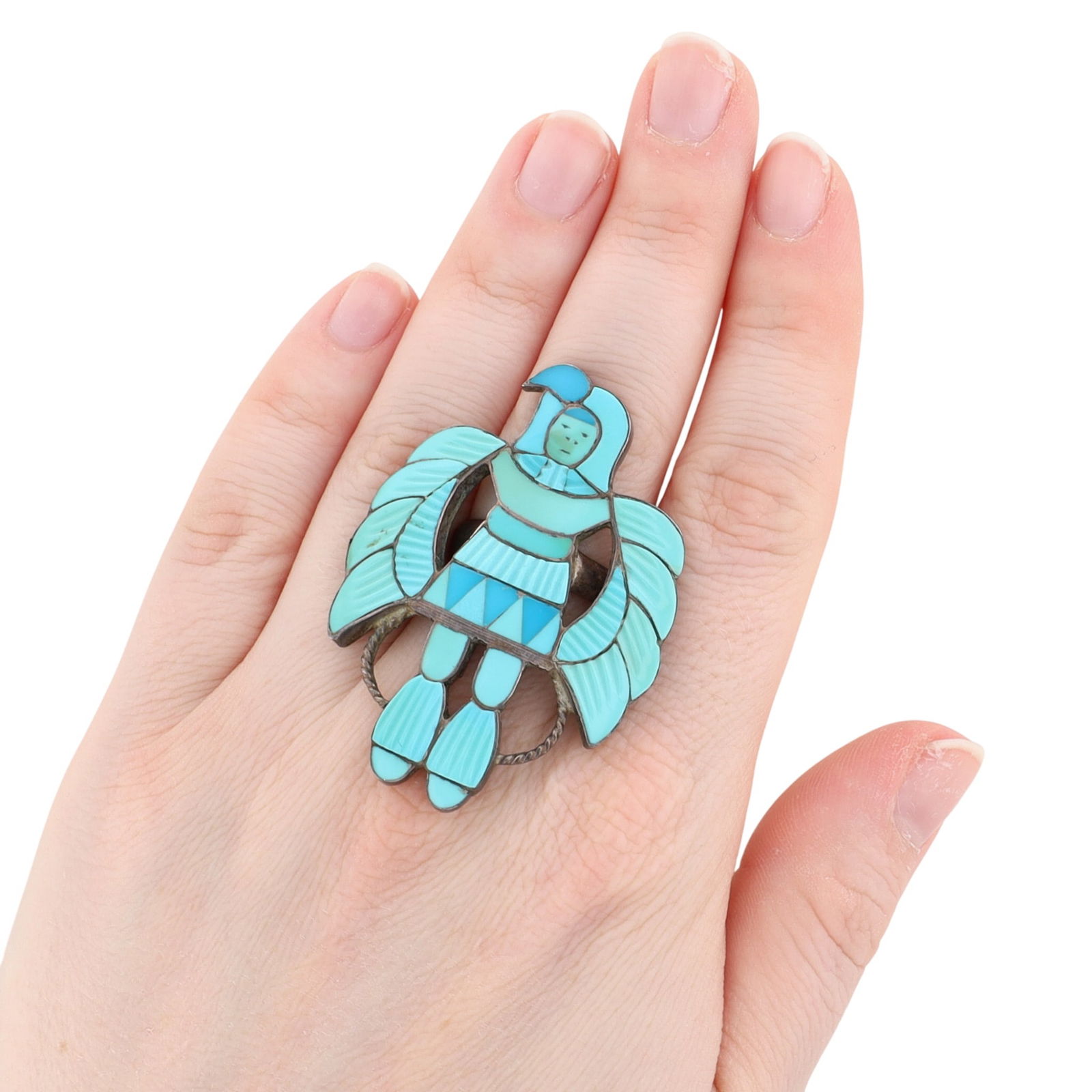 Rare Madeline Beyuka Zuni Turquoise Eagle Dancer Ring Sz 8: Rare Vintage Madeline Beyuka Zuni Sterling & Carved Turquoise Inlay Eagle Dancer Ring Sz 8 - 13.2g / Madeline Beyuka (born 1935) is a Zuni jeweler who was active from the early 1950s to the late 1980s