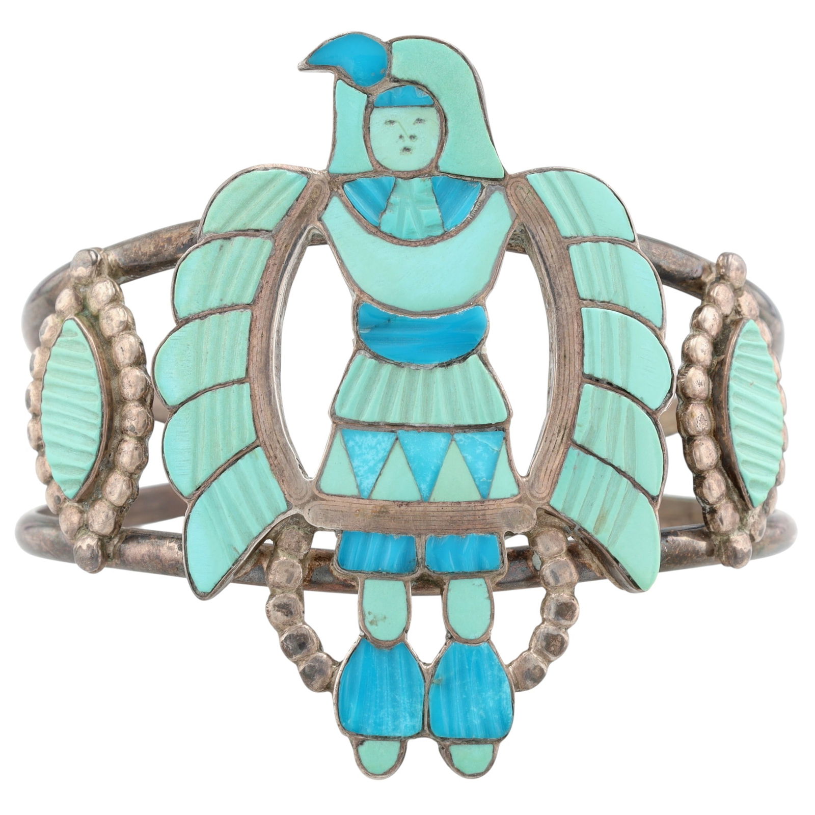 Rare Madeline Beyuka Zuni Turquoise Eagle Dancer Cuff Bracelet: Rare Vintage Madeline Beyuka Zuni Sterling & Carved Turquoise Inlay Eagle Dancer Cuff Bracelet - 31.9g / Madeline Beyuka (born 1935) is a Zuni jeweler who was active from the early 1950s to the late 1