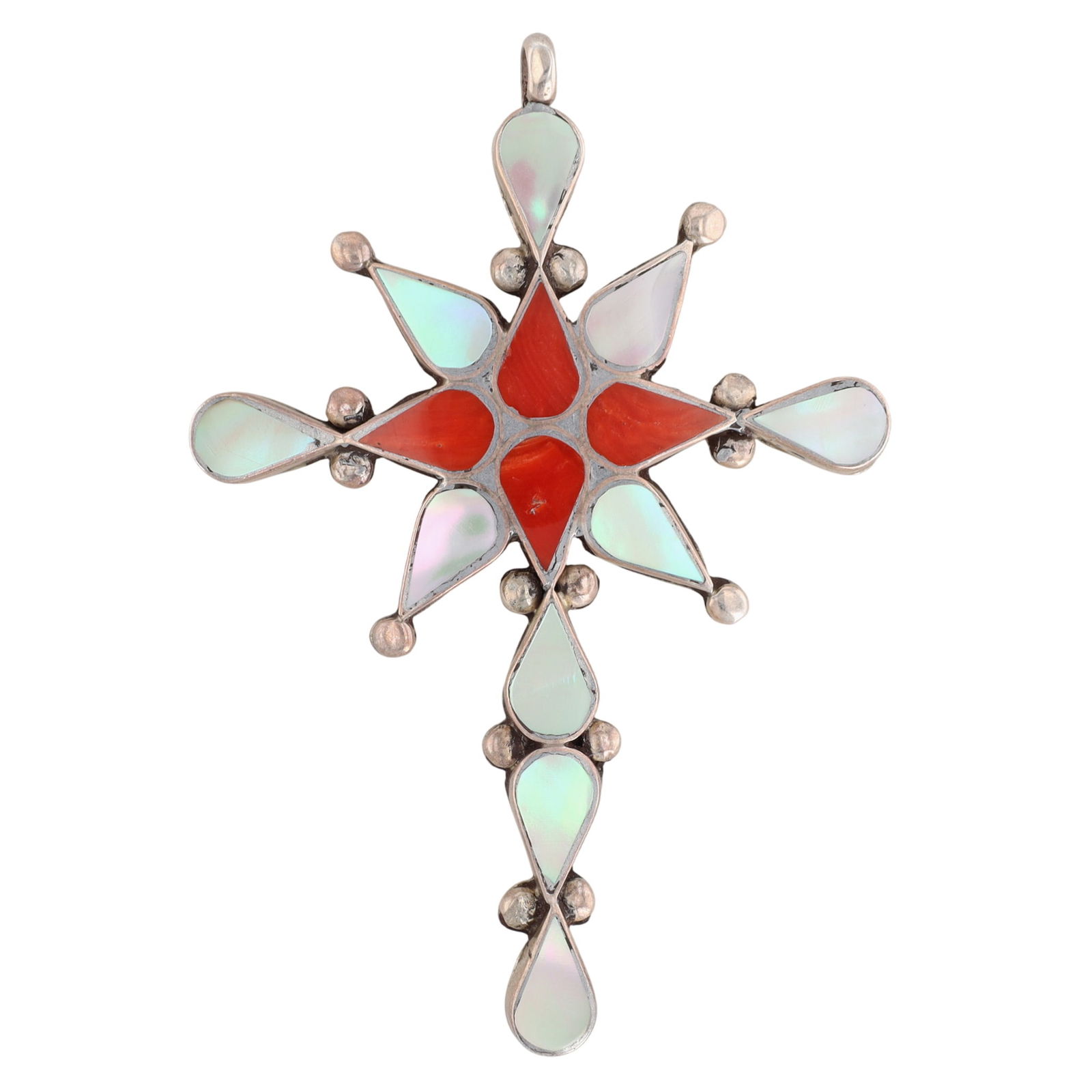 Zuni Coral and Mother of Pearl Inlay Cross Pendant: Vintage Zuni Coral and Mother of Pearl Inlay Cross Pendant - 8.4g - approx. 2.7" tall x 1.8" wide