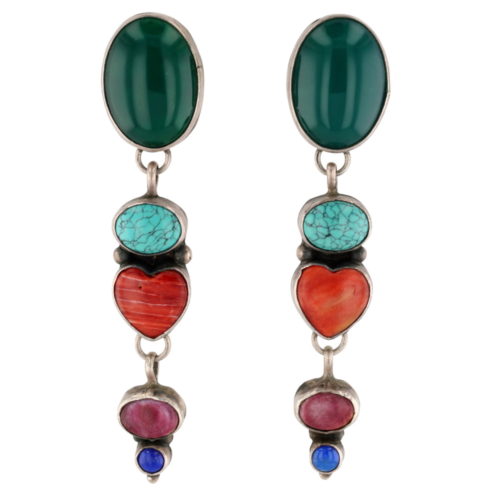 Navajo Multistone Dangle Earrings: Beautiful Navajo Sterling Multistone (Turquoise, Orange Spiny Oyster, Purple Spiny Oyster, Lapis Lazuli, etc.) Dangle Earrings - 14.4g - Approx. 2.55" long