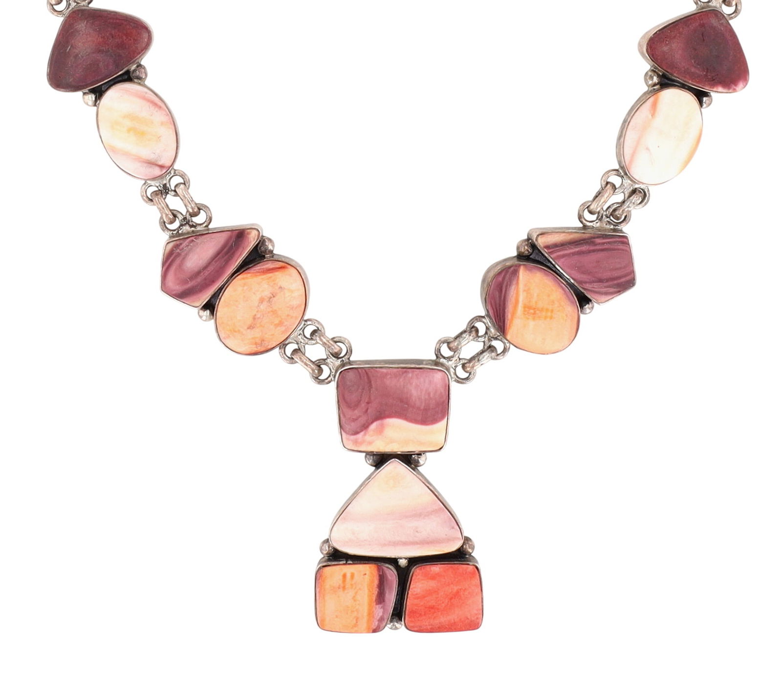 Signed JE Navajo Spiny Oyster Drop Necklace: Gorgeous Signed JE Navajo Sterling Purple and Orange Spiny Oyster Drop Necklace - 66.7g - approx. 21.5" long, approx 1.75" drop