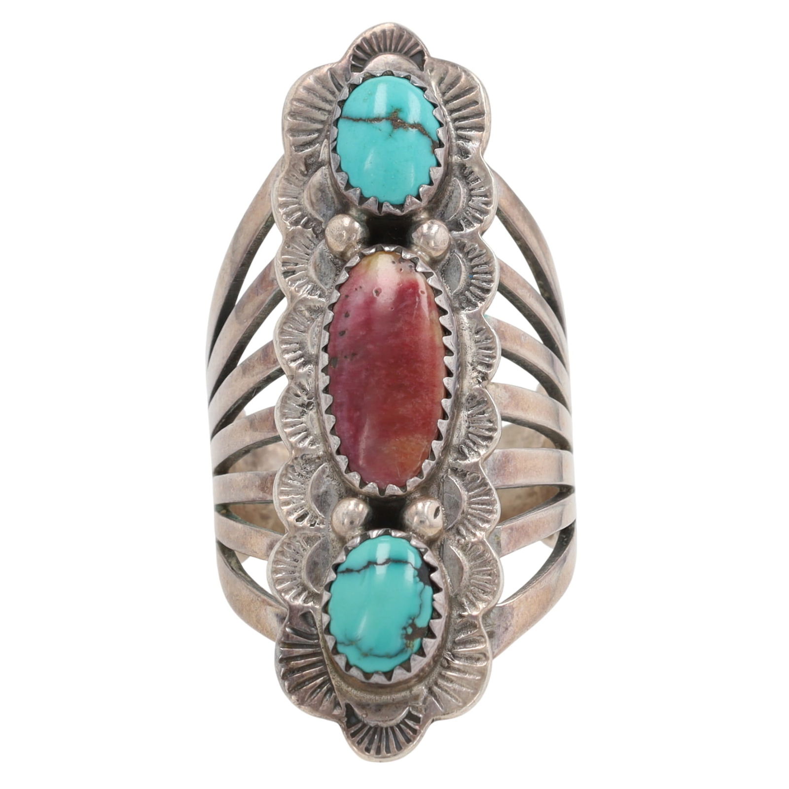 Signed Navajo Turquoise and Spiny Oyster Split Shank Ring Sz 8.5: Signed GK Navajo Sterling Turquoise and Purple Spiny Oyster Split Shank Ring Sz 8.5 - 13g - approx 1.71" long