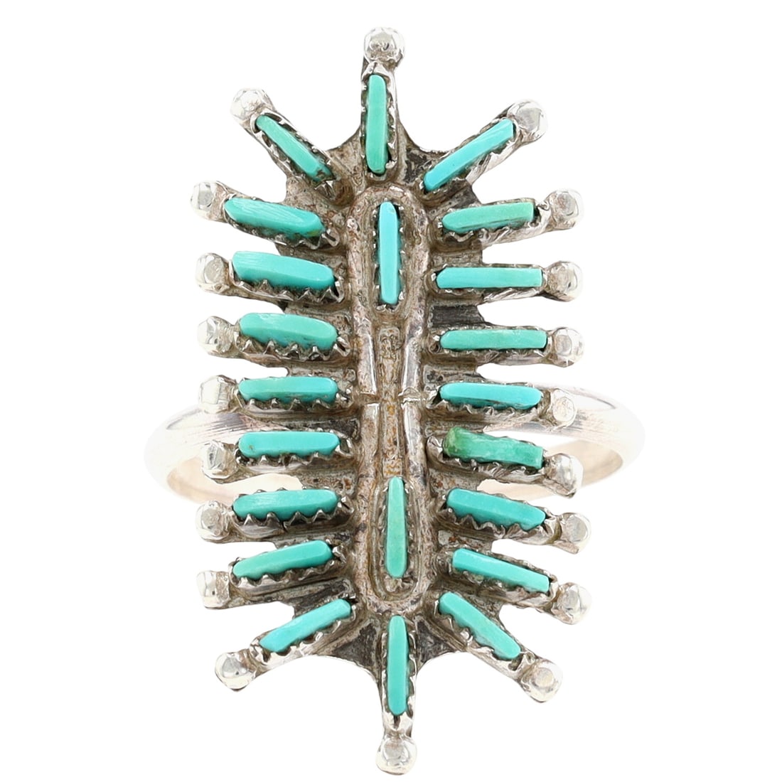 Signed AQ Zuni Turquoise Needlepoint Ring Sz 7.5: Signed AQ Zuni Vintage Sterling and Turquoise Needlepoint Ring Sz 7.5 - 3.1g - ring face approx 1.14" l x .6"w