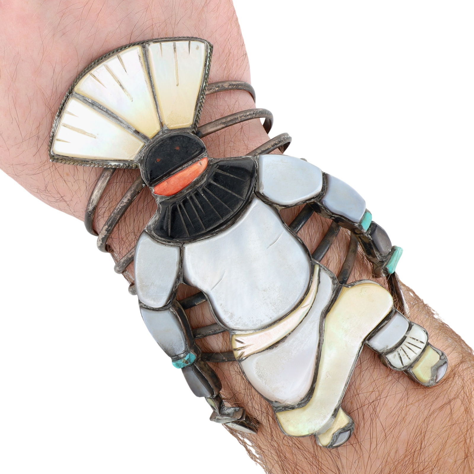 HUGE Signed Zuni Shalako Warrior Inlay Cuff Bracelet: HUGE, Rare Find! Signed 'FB' - Fred Bowannie? - Early Zuni Shalako Kachina Warrior Sterling and Multistone (Turquoise, Coral, Jet, Shell) Inlay Cuff Bracelet - 132.1g - Warrior measures 5" tall x 3" w