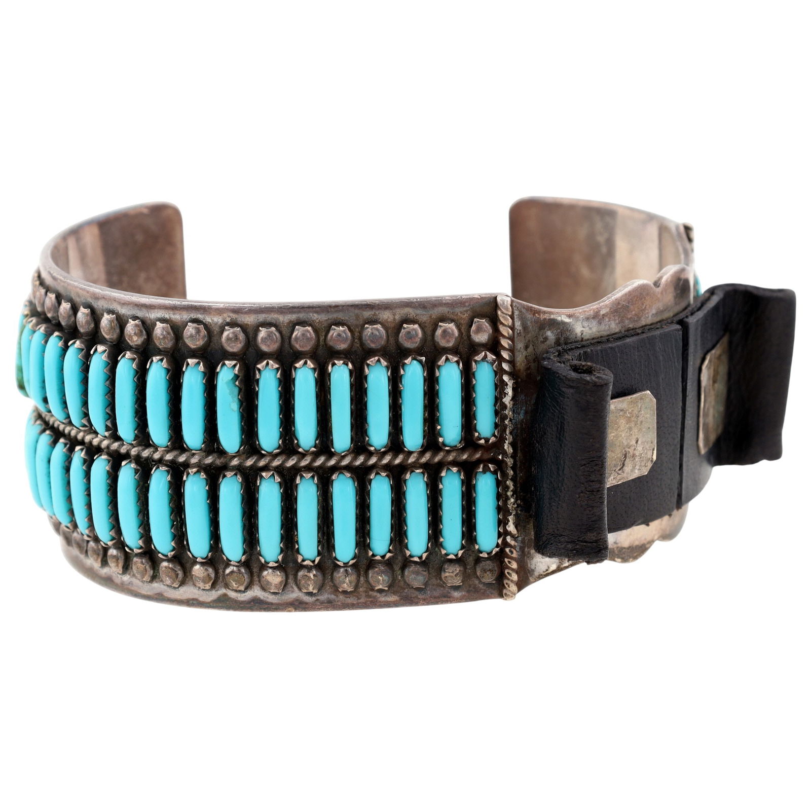 Francis M. Begay Navajo Turquoise Needlepoint Wide Watch Cuff Bracelet: Francis M. Begay Navajo Sterling Turquoise Needlepoint Wide Watch Cuff Bracelet - 75.6g - Note: very small chip in one of the stones - see photo