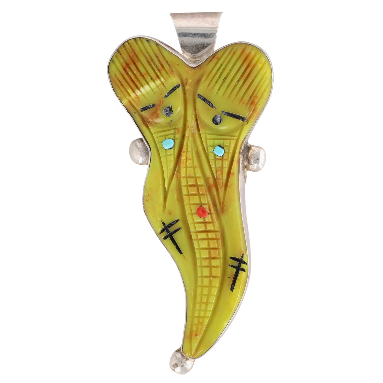 Chad Quandelacy & Valerie Comosona Zuni Serpentine Corn Maiden Pendant Brooch: Chad Quandelacy & Valerie Comosona Zuni Serpentine, Coral, and Turquoise Sterling Double Corn Maiden Pendant Brooch - 10g - approx. 2.6" tall x 1.15" wide (width measured at the heads)