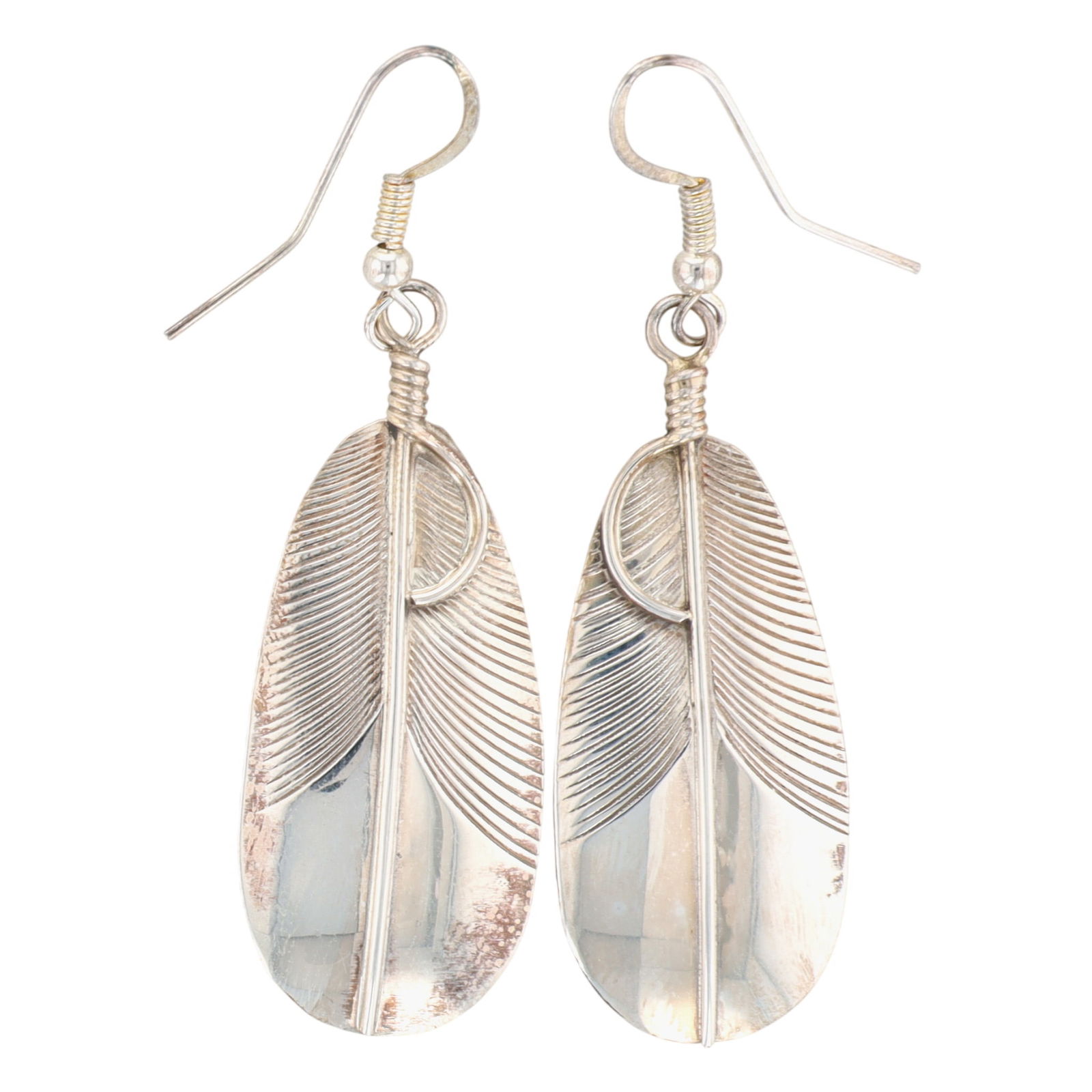 Chester Charlie Navajo Feather Dangle Earrings: Chester Charlie Navajo Sterling Handmade Feather Dangle Earrings - 7g