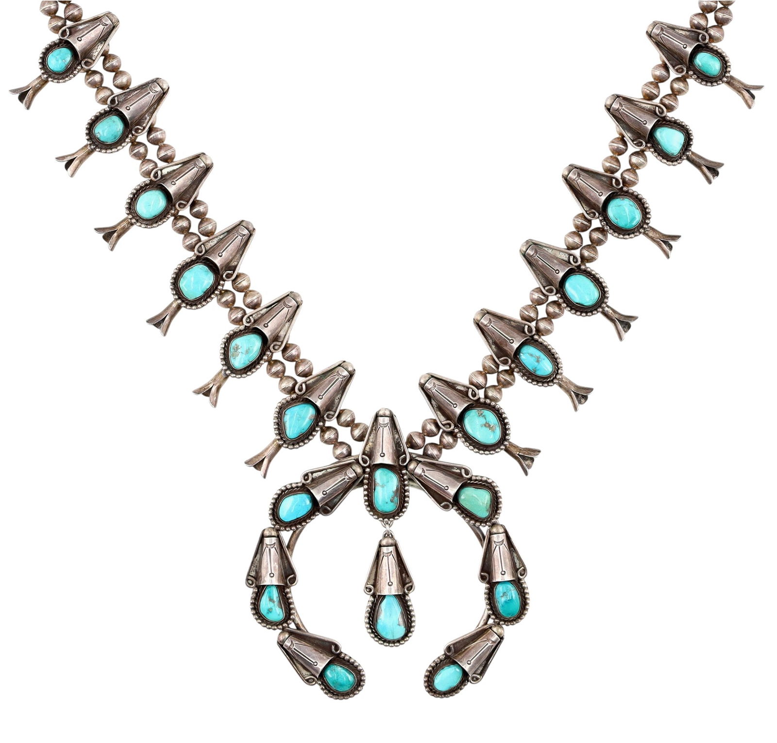 Huge Juan Abeyta Navajo Morenci Turquoise Squash Blossom Necklace: Huge!! Vintage Hand Signed Juan Abeyta Navajo Sterling Morenci? Turquoise Squash Blossom Necklace - 315 grams! - approx 27.5" from end to end - naja is approx. 4.1" wide x 4.4" height! Phenomenal piec