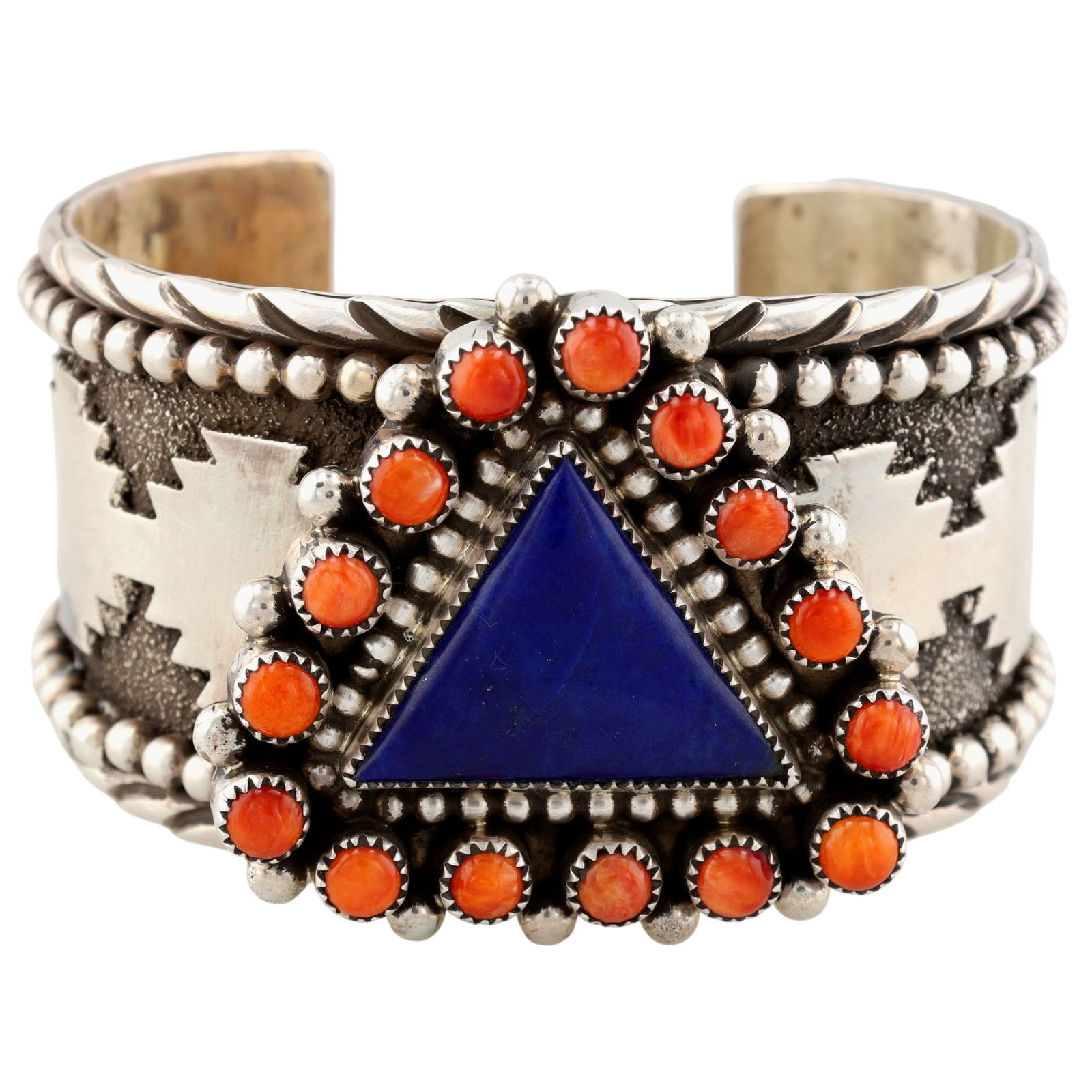 Sandra Parkett Navajo Multistone Rug Motif Cuff Bracelet: Incredible Sandra Parkett Navajo Sterling Silver and Multistone (Spiny Oyster and Lapis Lazuli) Rug Motif Wide Cuff Bracelet - 117.1g