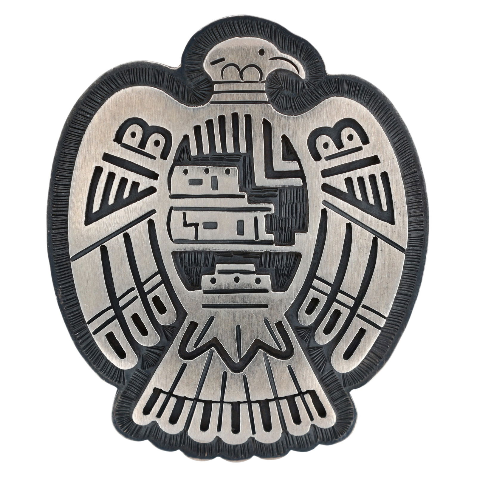 Antoinette Qumawunu Hopi Overlay Thunderbird Textured Pendant Brooch: Outstanding - Antoinette Qumawunu Hopi Sterling Overlay Thunderbird Textured Pendant Brooch - 20.6g - This is a very solid/thick, amazingly detailed and textured piece!