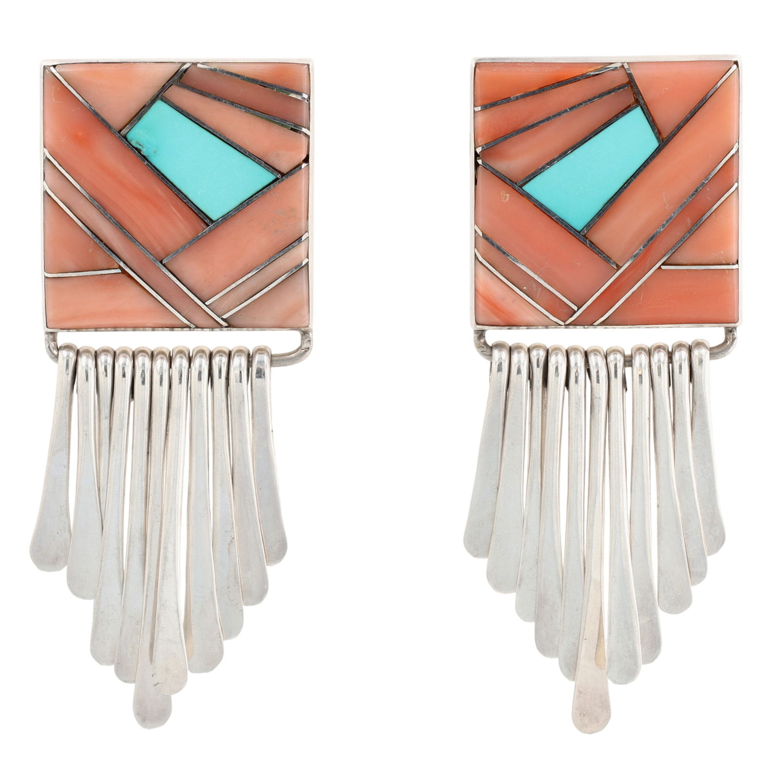 Lorraine Long Zuni Angel Skin Coral and Turquoise Inlay Dangle Earrings: Amazing, Big! Hand Signed Lorraine Long/Stamped L-M Zuni Sterling Angel Skin Coral and Turquoise Inlay Dangle Earrings, 22.5g