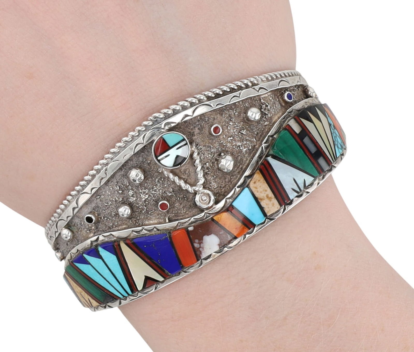 Bevis Tsadiasi Zuni Contemporary Multistone Inlay Sunface Cuff Bracelet: Bevis Tsadiasi Zuni Contemporary Sterling Silver & Multistone Inlay Sunface Cuff Bracelet - a true work of art! - 35g / This handcrafted cuff features an intricate inlay of various turquoises, coral,