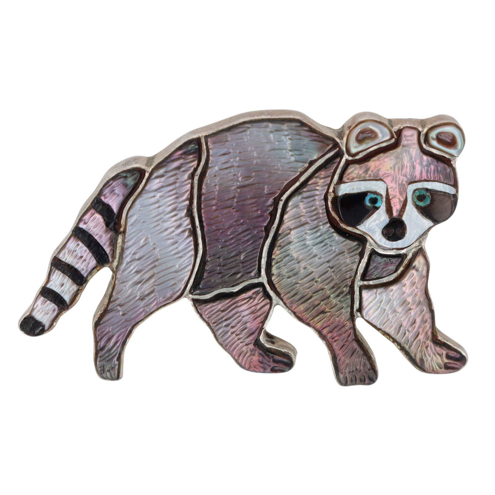 Andrea Pinto Zuni Carved Raccoon Inlay Pendant Brooch: Vintage Andrea Pinto (aka Andrea Lonjose Shirley) Zuni Sterling Carved Raccoon Multistone (Shell, Turquoise, Jet) Inlay Pendant Brooch - 7.6g - Approx 1.76" wide x 1.05" tall