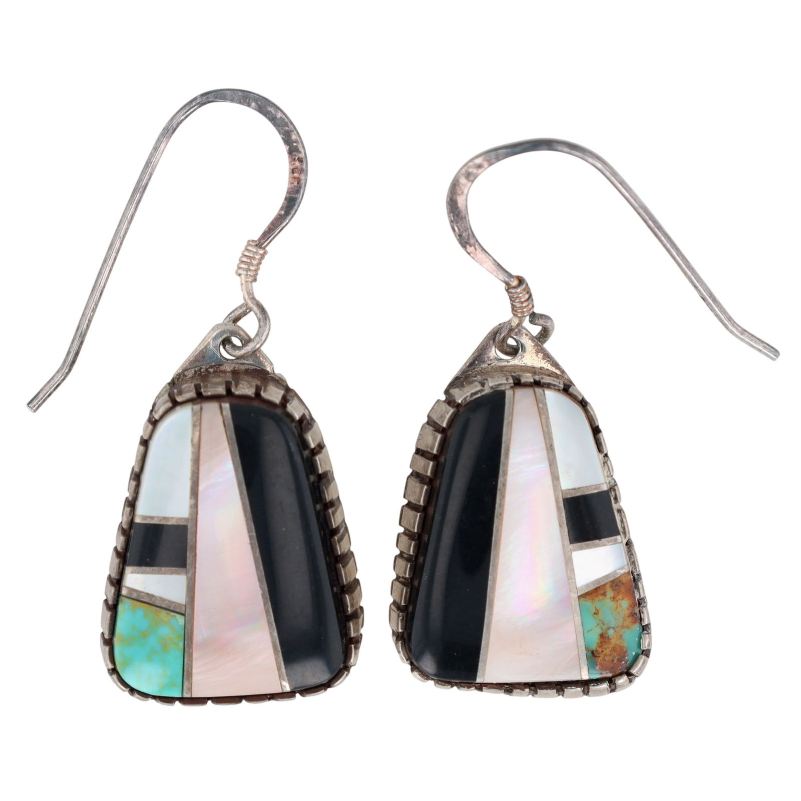 Navajo Multistone Inlay Dangle Earrings: Navajo Sterling Multistone (Turquoise, Mother of Pearl, Onyx/Jet) Inlay Dangle Earrings - 8.3g