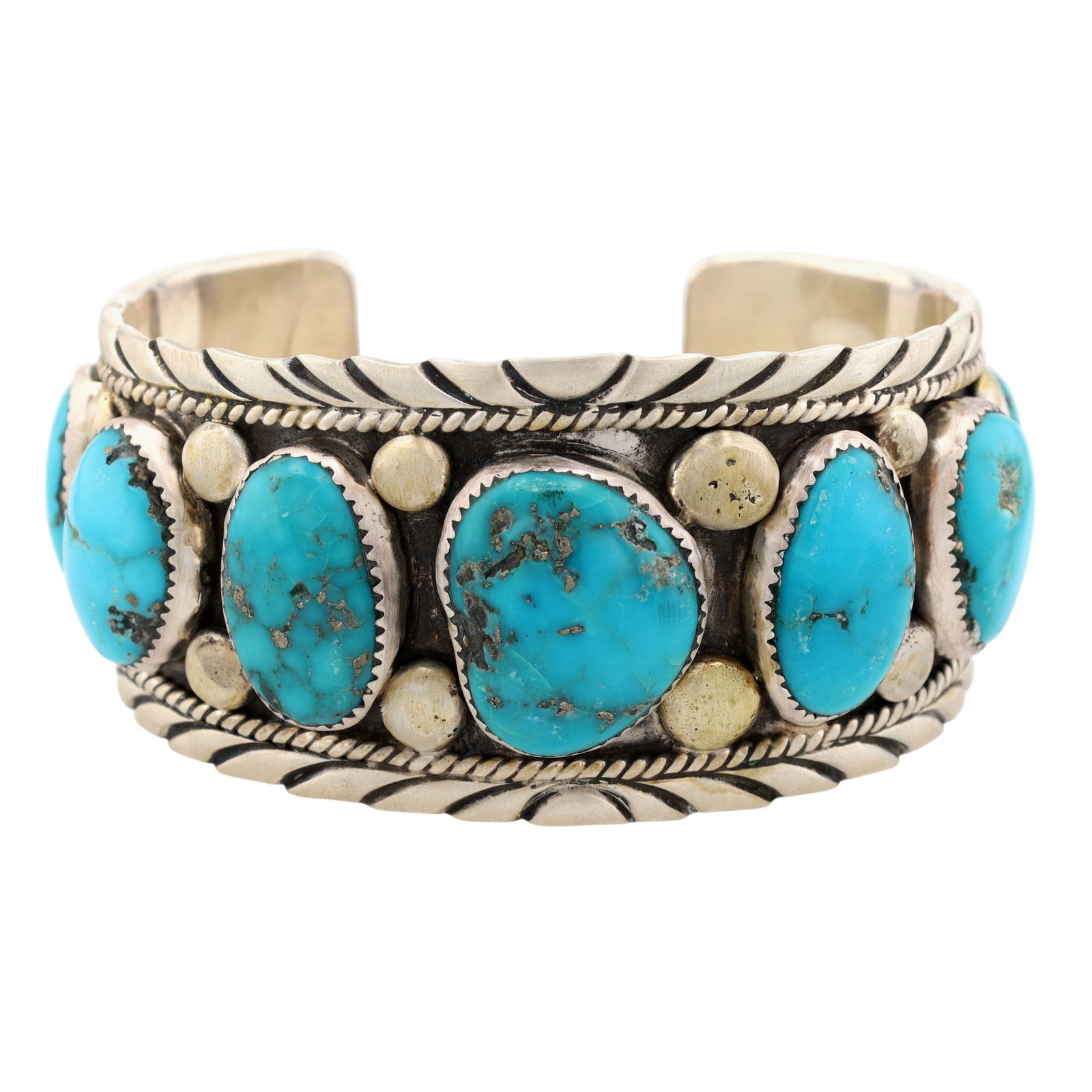 Charlene & Robert Little Navajo Kingman Turquoise Stamped Cuff Bracelet (1 of 9)