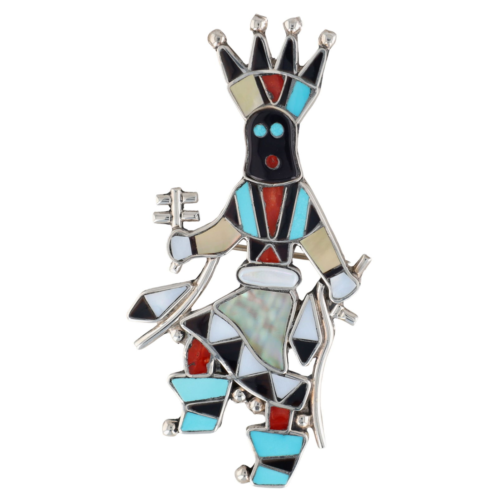 Lynette Laiwakete Zuni Apache Crown Dancer Pendant Brooch: Lynette Laiwakete Zuni Sterling Multistone (Turquoise, Coral, Jet, etc.) Inlay Apache Crown Dancer Pendant Brooch - 10.8g