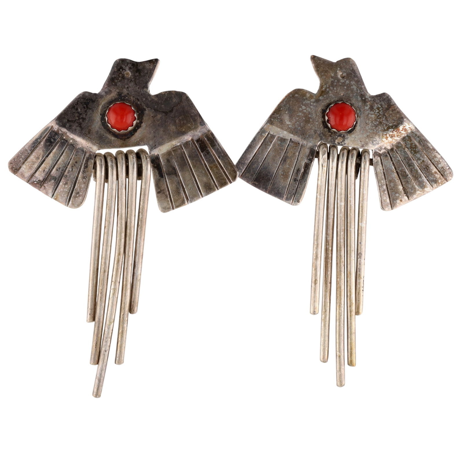 Vintage Navajo Coral Thunderbird Dangle Earrings: Vintage Navajo Sterling Coral Thunderbird Dangle Earrings - 16.2g