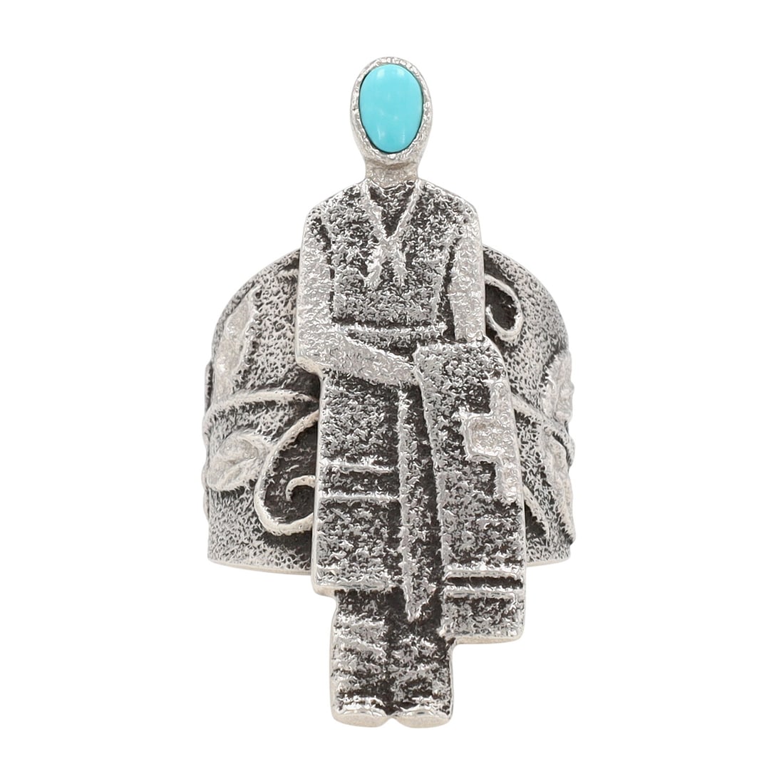 Rebecca Begay Navajo Lone Mountain Turquoise 'Rug Weaver' Ring Sz 8: Rare Find - Rebecca Begay Navajo Sterling Silver & Lone Mountain Turquoise 'Rug Weaver' Ring Sz 8 - 16.5g / Elegantly crafted, this 'Rug Weaver' ring features a woman holding a Navajo rug, with