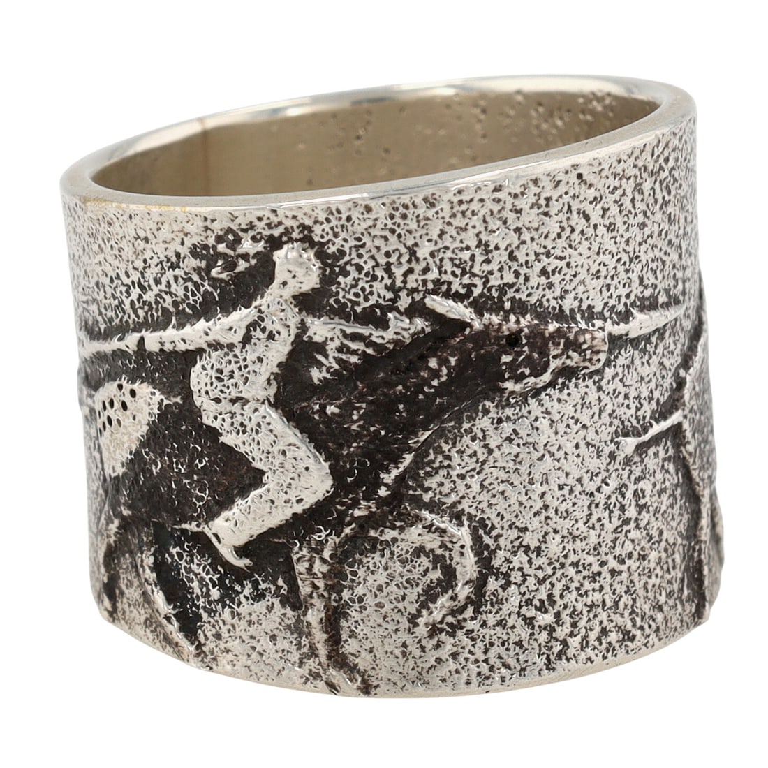 Darryl Dean Begay Navajo 'Buffalo Hunter' Tufa Cast Ring Sz 11.5: Rare Find - Darryl Dean Begay Navajo Sterling Silver 'Buffalo Hunter' Tufa Cast Ring Sz 11.5 - 18.8g / This absolutely stunning ring depicts a Navajo man on horseback, hunting a buffalo with a spear