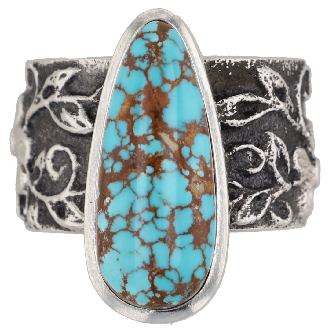 Rebecca Begay Navajo Royston Turquoise Tufa Cast Ring Sz 9: Rare Find - Rebecca Begay Navajo Sterling Silver & Royston Turquoise Flower and Vine Relief Tufa Cast Ring Sz 9 - 22g - Exquisite! / This ring showcases intricate flower and vine reliefs on a