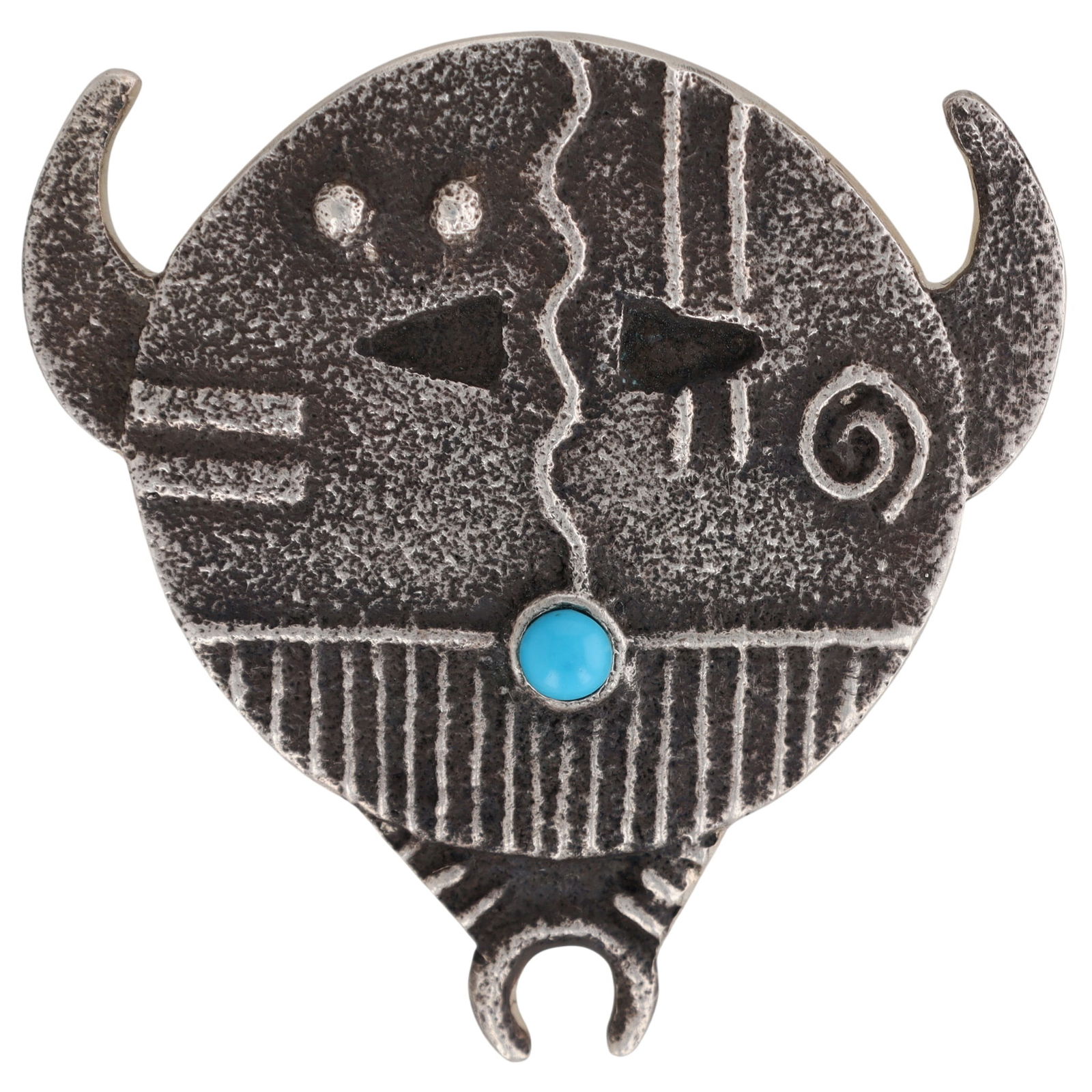 Lee Begay Navajo Sleeping Beauty Turquoise Yei Tufa Cast Pendant: Rare Find - Lee Begay '23 Navajo Sterling Silver and Sleeping Beauty Turquoise Yei Tufa Cast Pendant - 19.8g / Lee Begay learned the art of silversmithing from his brother, renowned Navajo artist