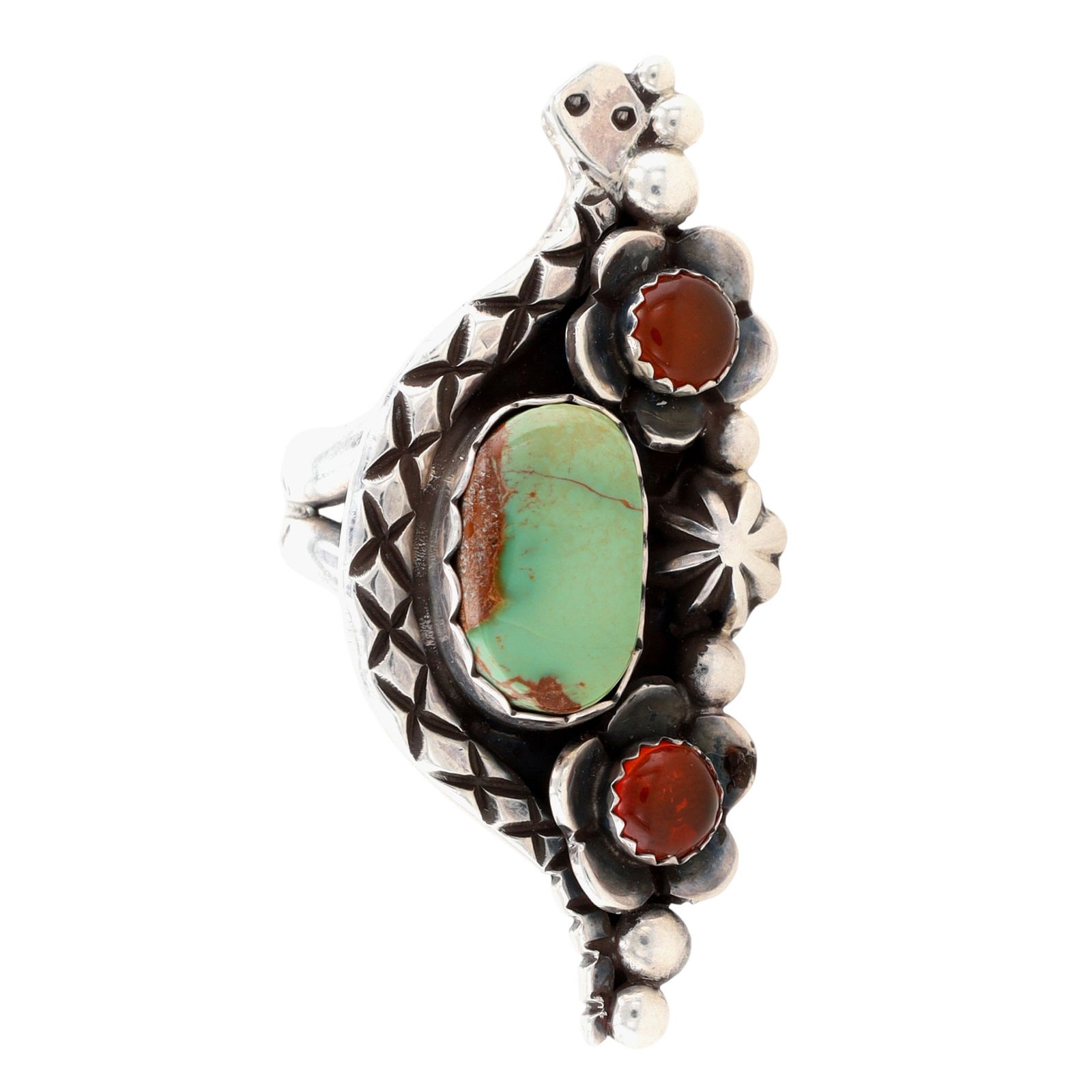 Signed Navajo Turquoise and Snake Stamped Ring Sz 7: Signed (TM and feather pictomark) Contemporary Navajo Sterling and Turquoise & Snake Stamped Ring Sz 7 - 13.8g