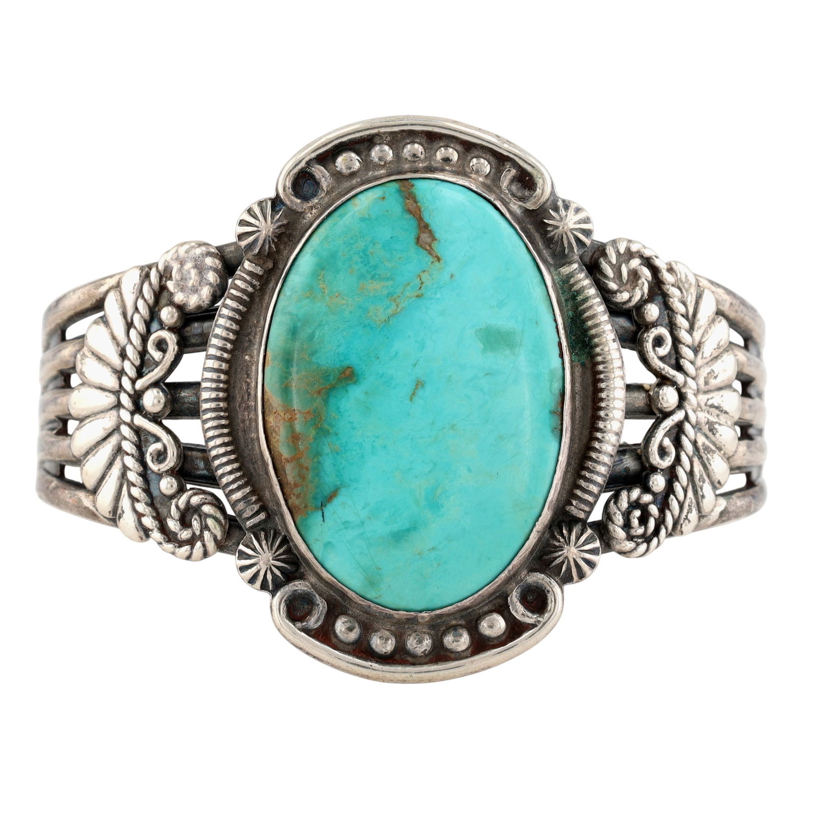 Vintage Navajo Turquoise Stamped Cuff Bracelet: Vintage Navajo Sterling and Turquoise Stamped Cuff Bracelet - 52.4g - check out that fabulous turquoise!