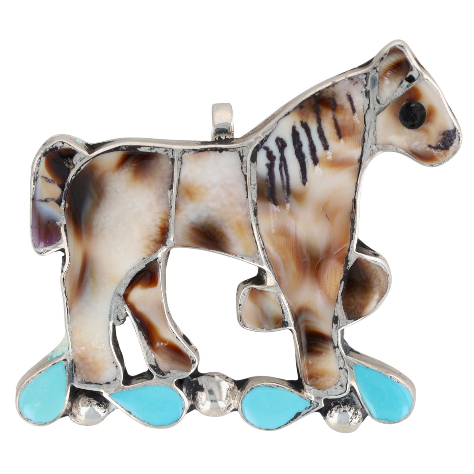 Edward Leekity Zuni Horse Inlay Pendant Brooch: Vintage Edward Leekity Zuni Sterling Horse Multistone (Cowrie Shell, Turquoise) Inlay Pendant Brooch - 4.8g - Note: back of pendant has artist's initials and the #90 - possibly numbered piece mark, ye