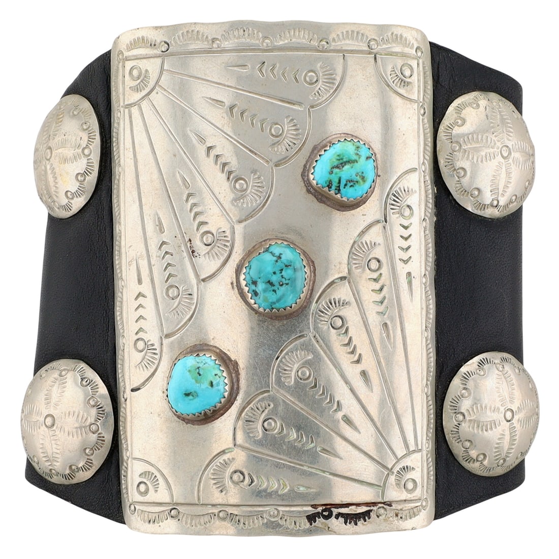 Vintage Navajo Turquoise Stamped Ketoh Bracelet: Vintage Navajo Sterling and Turquoise Stamped Ketoh Bracelet - 94.6g - Note: requires string to lace for closure