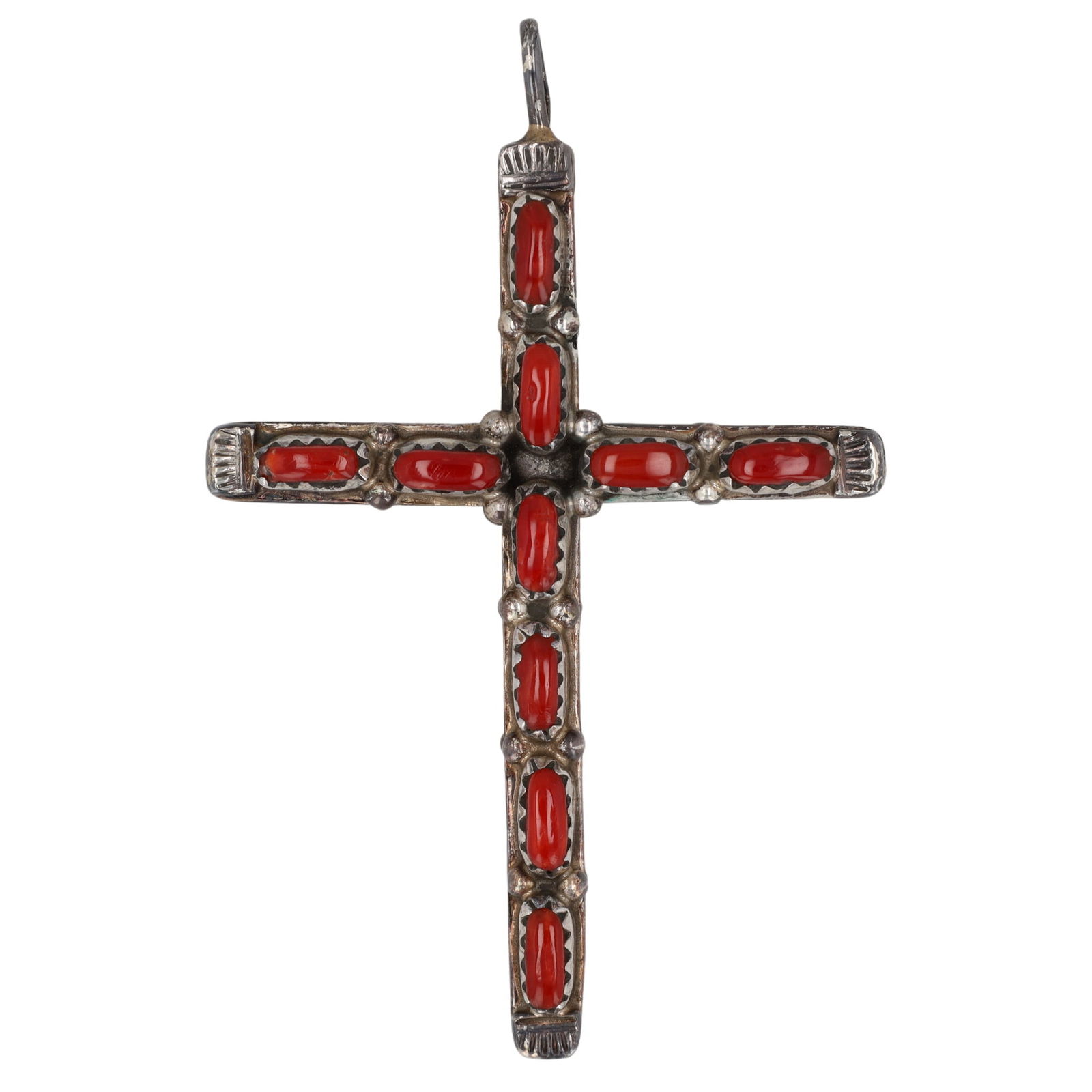 Vintage Zuni Reversible Turquoise and Coral Cross Pendant: Vintage Zuni Sterling Reversible Turquoise and Coral Cross Pendant - 9.4g