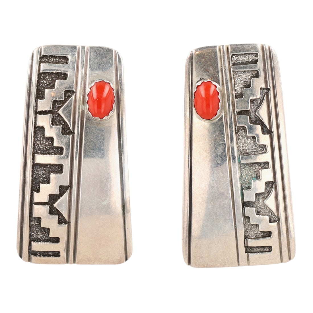 Richard Edward Wiley Navajo Coral Overlay Earrings: Richard Edward Wiley Navajo (REW Dineh) Sterling Coral Overlay Earrings - 10.4g - approx. 1.44" x .75"