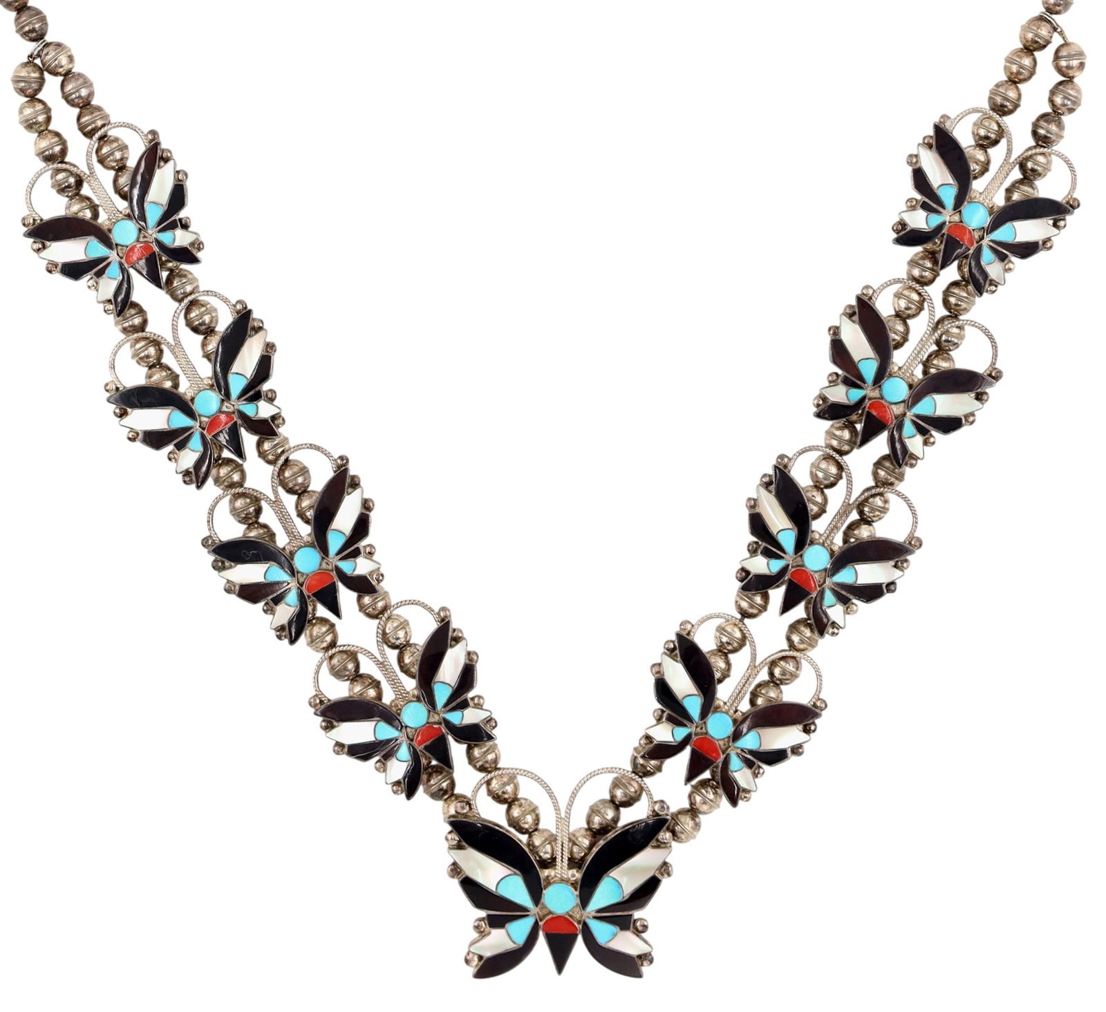 Rare Rosita Wallace Zuni Multistone Inlay Butterfly Squash Blossom Style Necklace: Amazing, Rare Vintage Rosita Wallace Zuni Sterling Multistone (Turquoise, Coral, Jet/Onyx, Mother of Pearl) Inlay Butterfly Squash Blossom Style/Station Necklace - 123g - approx. length: 28.5" - large