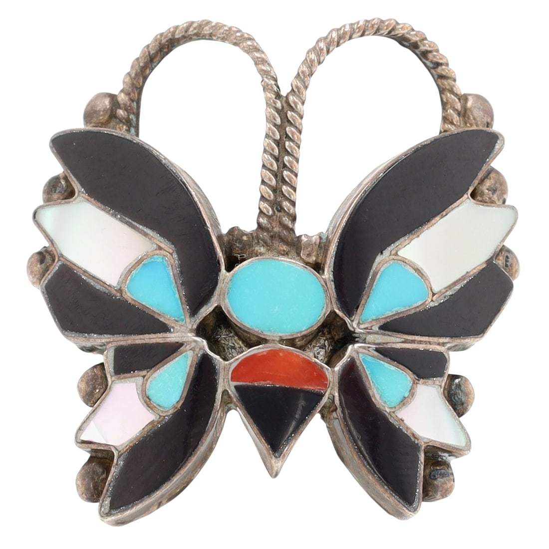 Rare Rosita Wallace Zuni Multistone Inlay Butterfly Ring Sz 7: Rare Vintage Rosita Wallace Zuni Sterling Multistone (Turquoise, Coral, Jet/Onyx, Mother of Pearl) Inlay Butterfly Ring Sz 7 - 6.3g