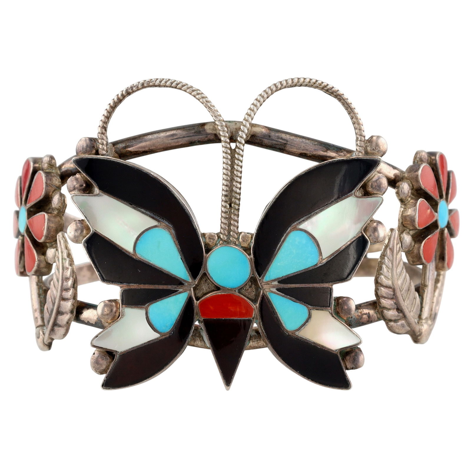 Rare Rosita Wallace Zuni Multistone Inlay Butterfly and Flower Cuff Bracelet: Rare Vintage Rosita Wallace Zuni Sterling Multistone (Turquoise, Coral, Jet/Onyx, Mother of Pearl) Inlay Butterfly and Flower Cuff Bracelet - 35.7g