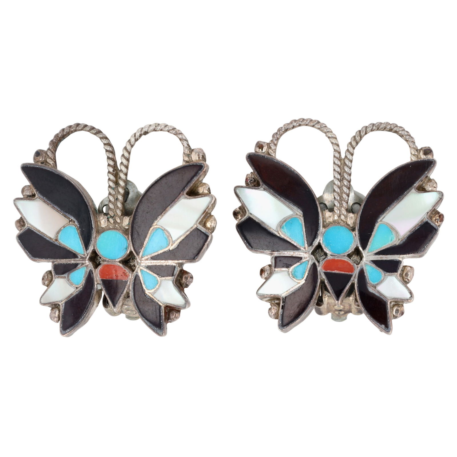 Rare Rosita Wallace Zuni Multistone Inlay Butterfly Earrings: Rare Vintage Rosita Wallace Zuni Sterling Multistone (Turquoise, Coral, Jet/Onyx, Mother of Pearl) Inlay Butterfly Earrings - 9.6g
